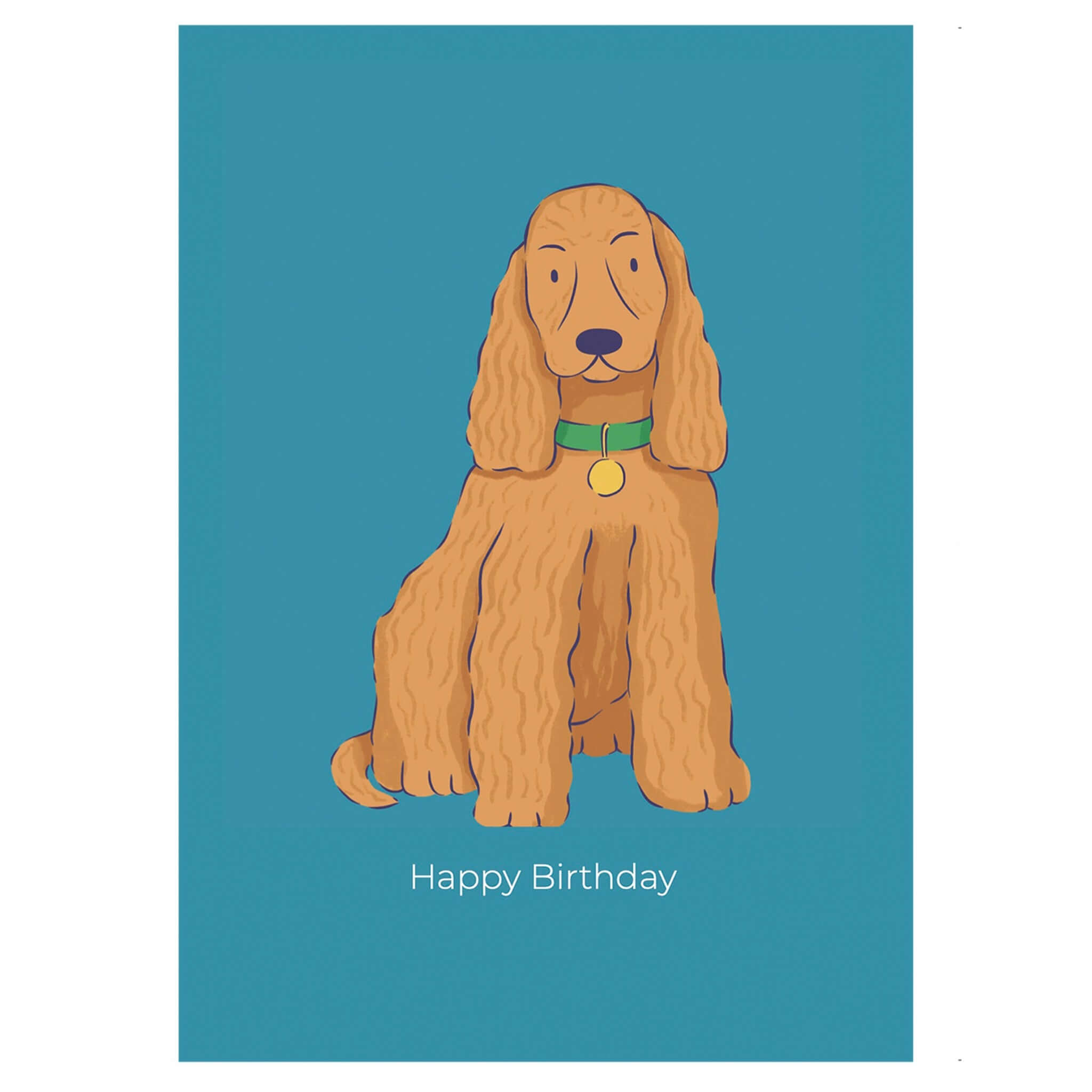 Greeting card with an Illustration of a brown Spaniel with a green collar on a blue background with 'Happy Birthday' text.