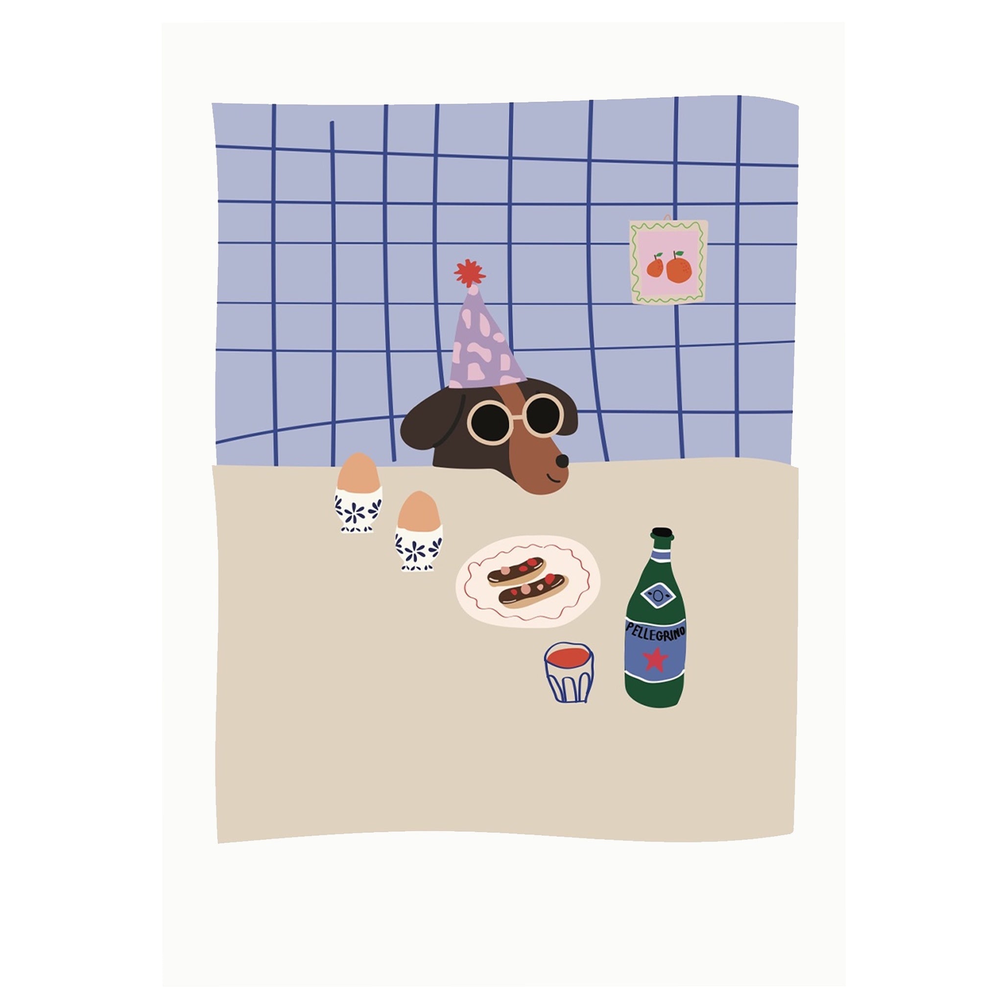 Illustrated greeting card featuring a cartoon dog with sunglasses and a party hat, seated at a table with food and a bottle, with a grid background.