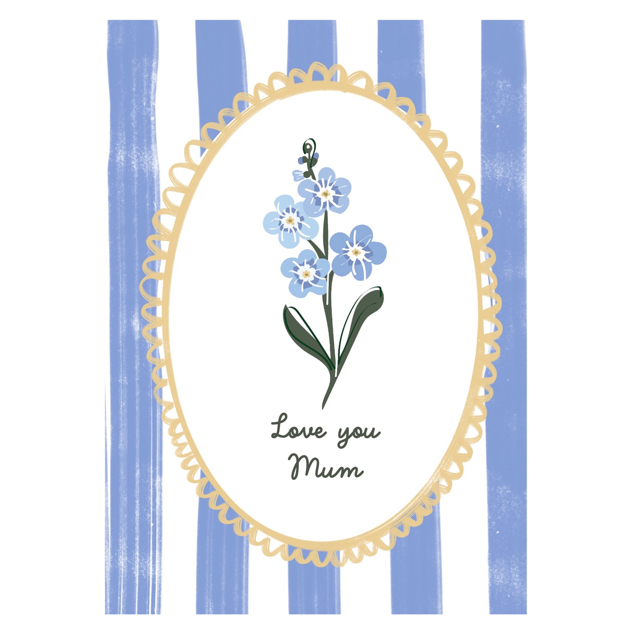 A greeting card with an illustration of forget-me-not flowers and the text 'Love you Mum' inside a striped envelope frame.