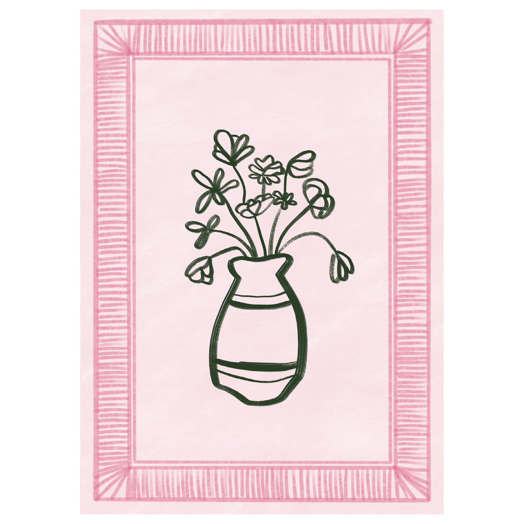 A greeting card with a framed bouquet illustration, predominantly pink background with a green vase and plants.