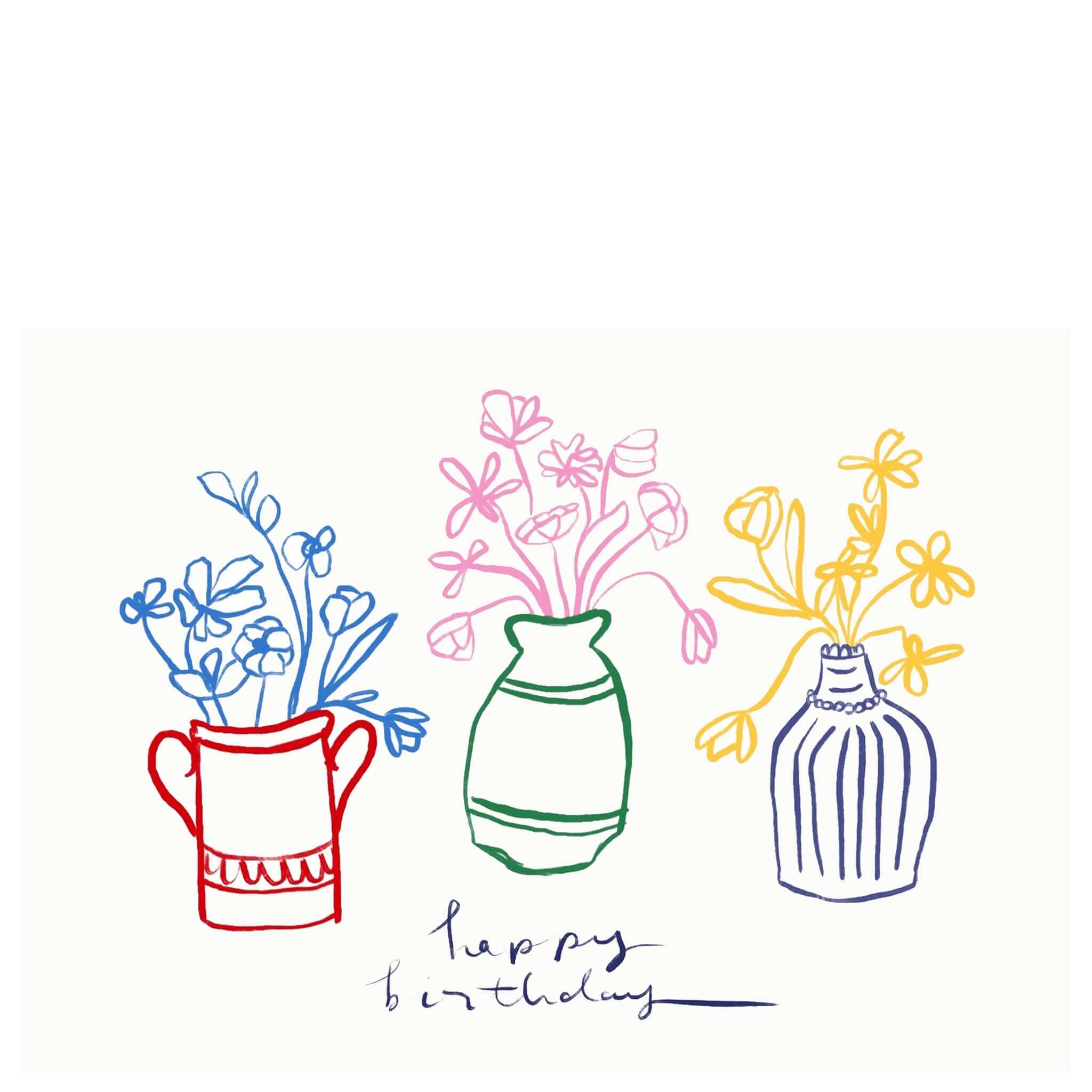 A Tea Pea Happy Birthday card with colourful floral vases.