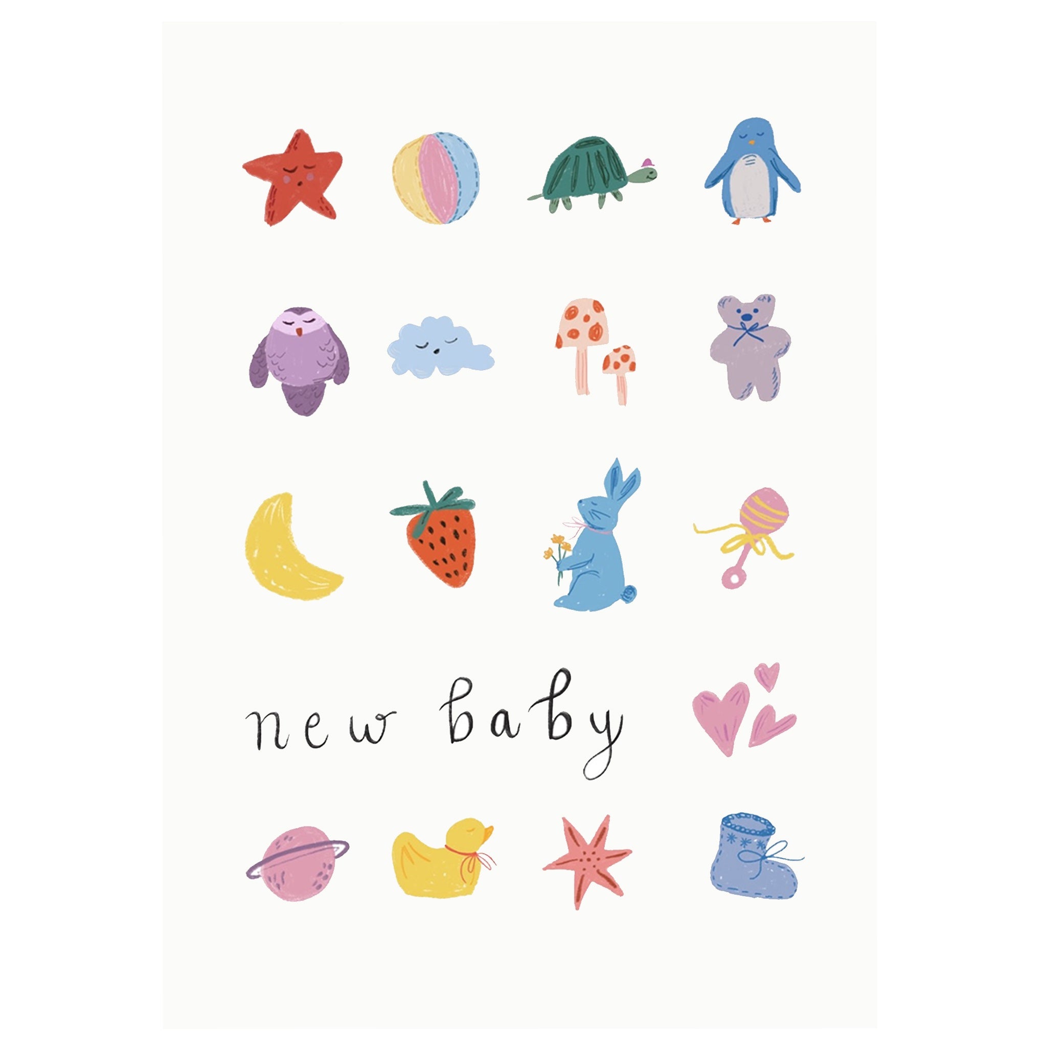 A Tea Pea New Baby card with sweet, colourful illustrations.