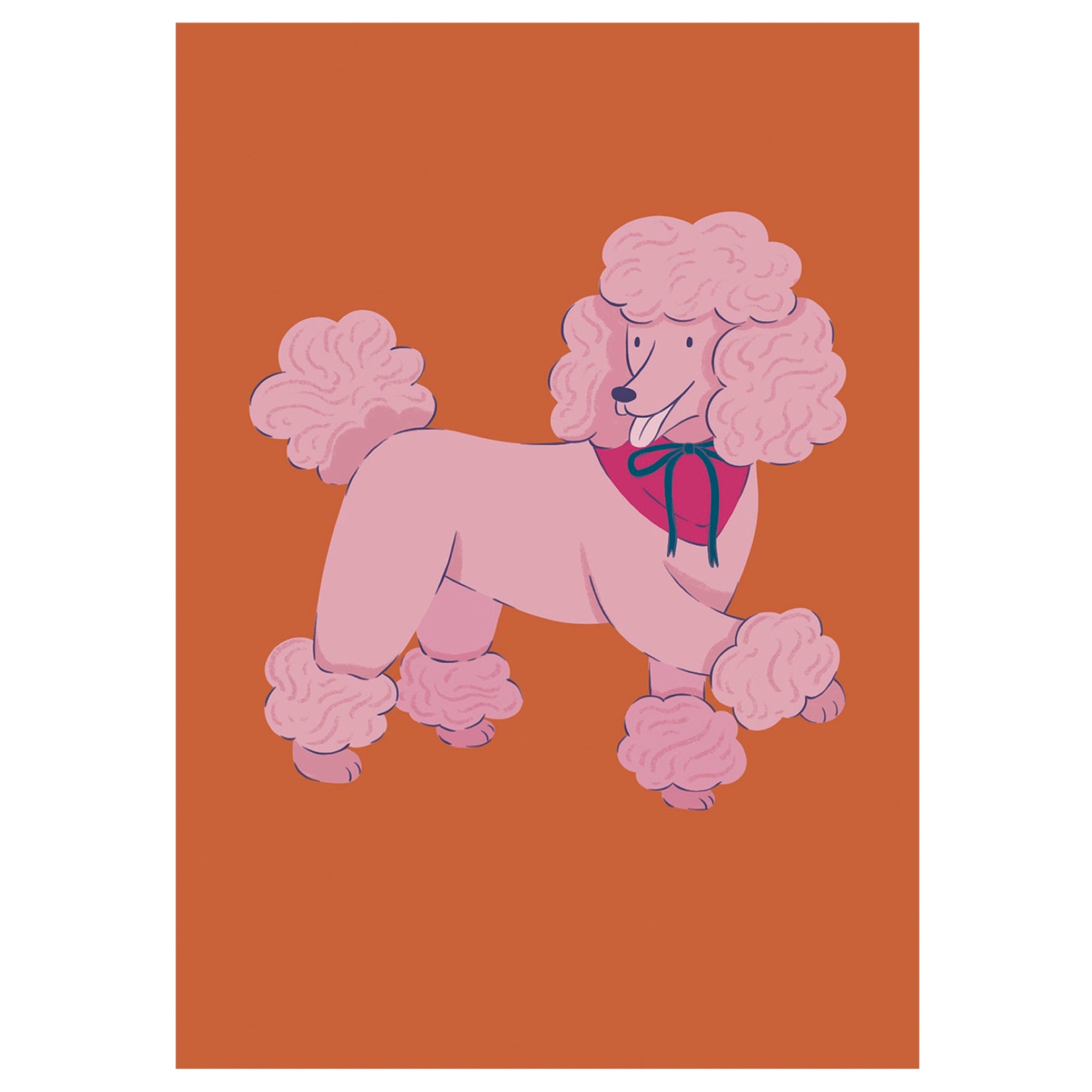 Greeting card with a pink poodle with a red collar on an orange background