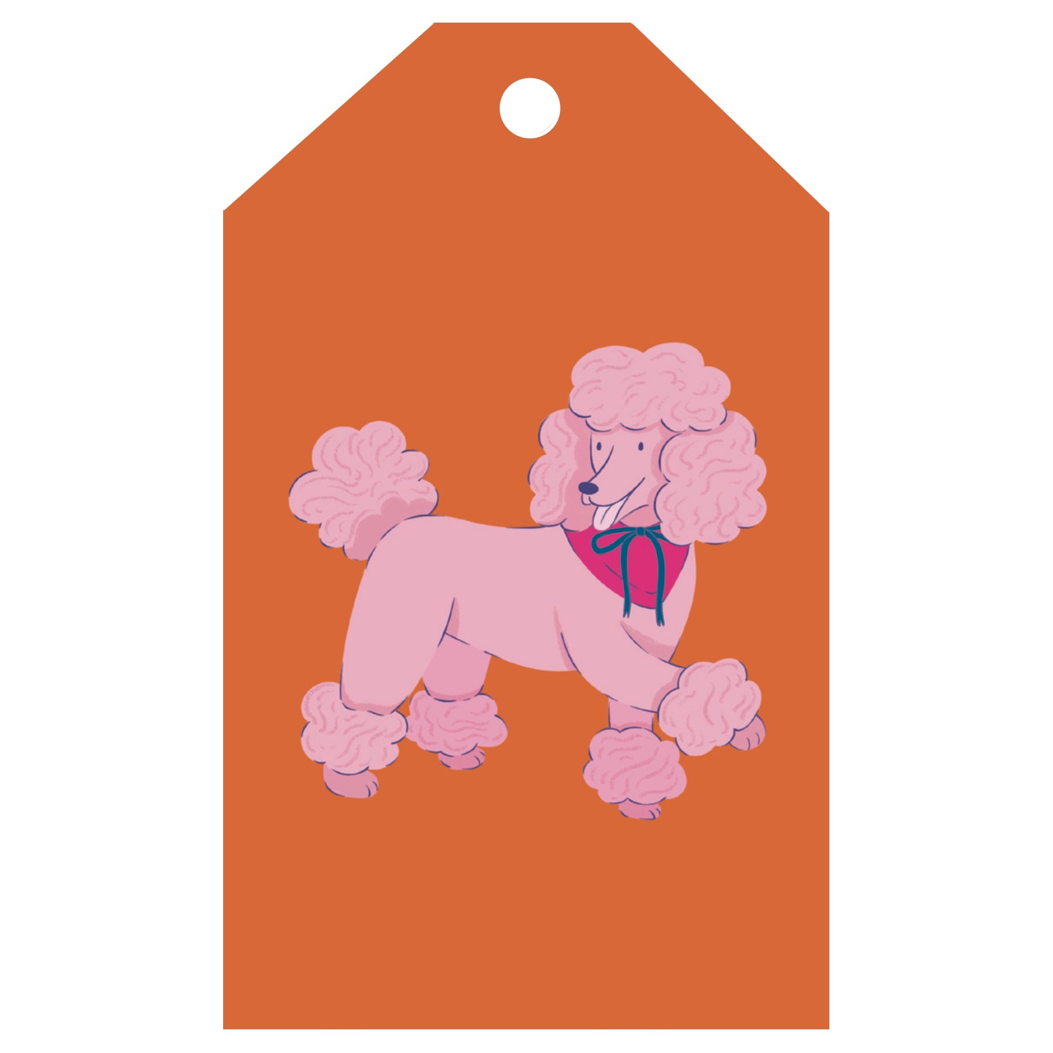 Gift tag with a pink poodle illustration on an orange background