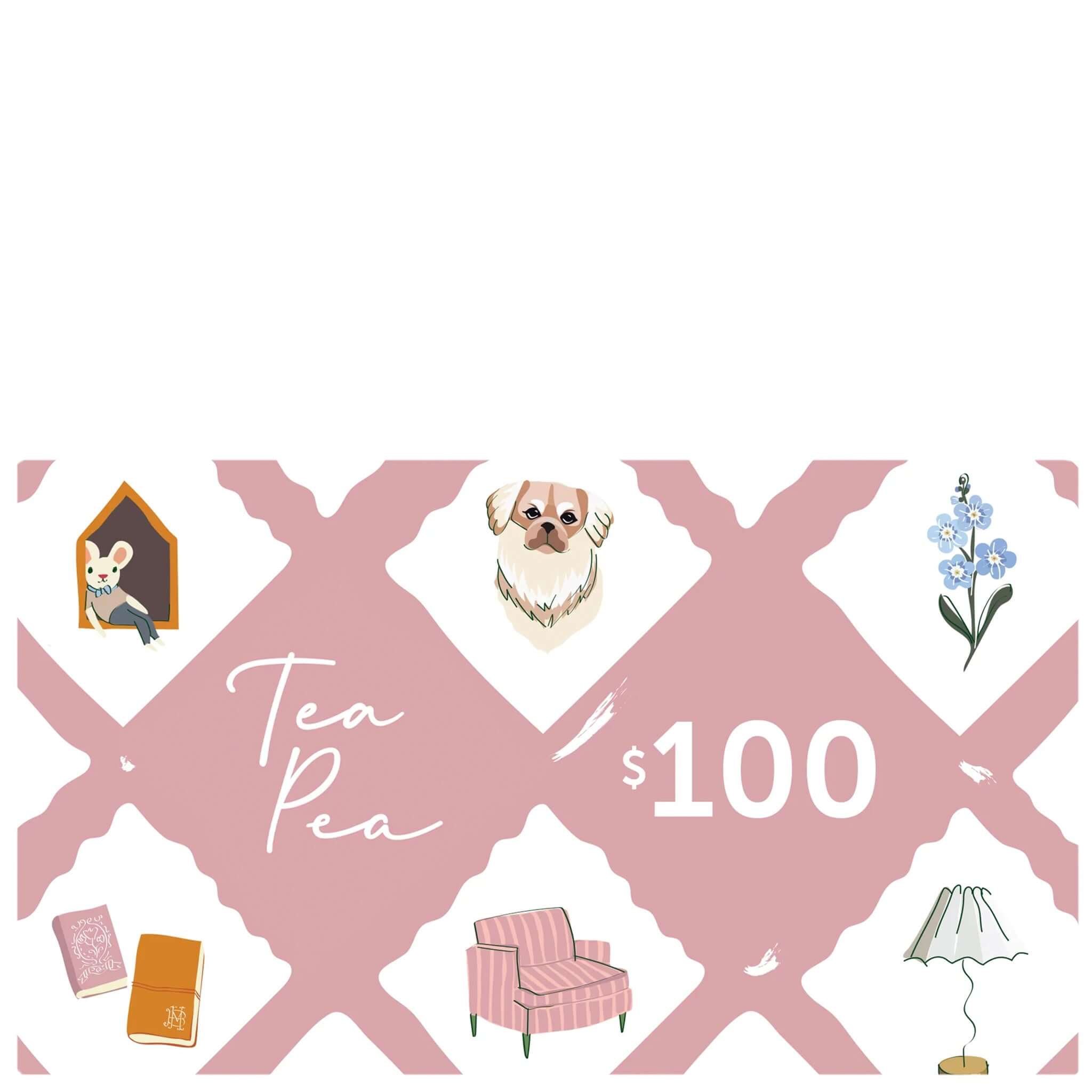 Tea Pea $100 Gift card with illustrations and text on a pink and white background