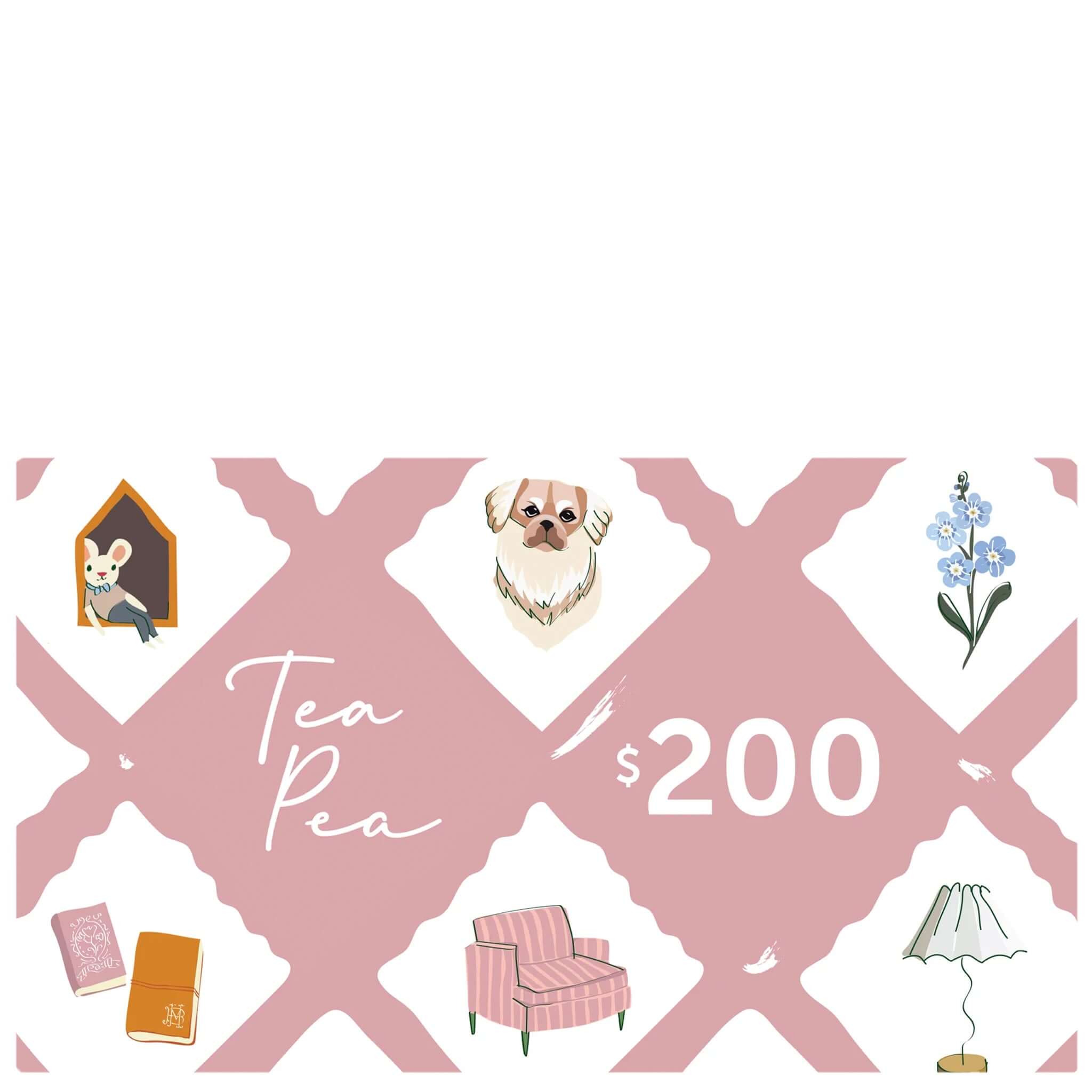 Tea Pea $200 Gift card with illustrations and text on a pink and white background