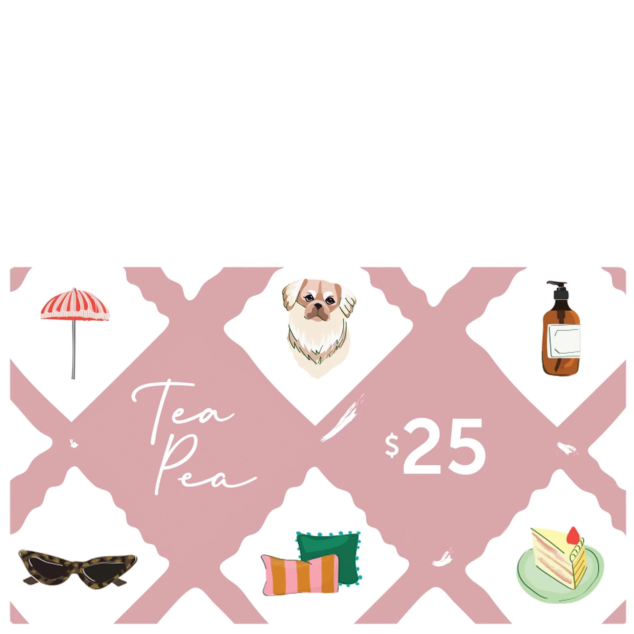 Tea Pea $25 Gift card with illustrations and text on a pink and white background
