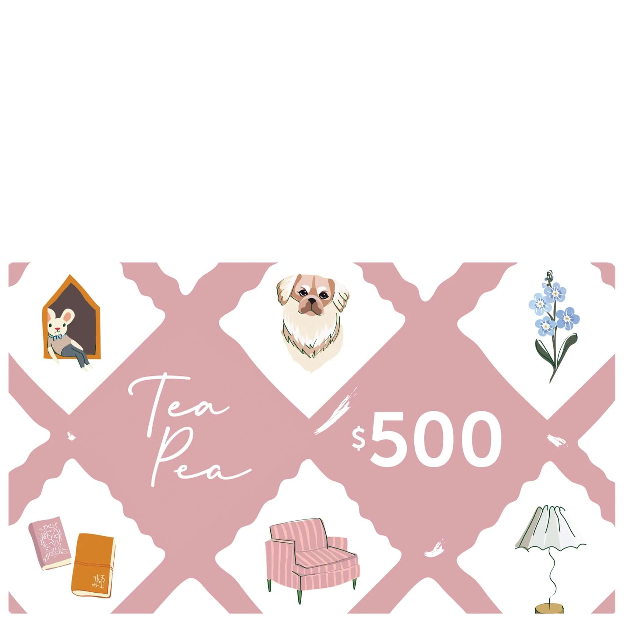 Tea Pea $500 Gift card with illustrations and text on a pink and white background