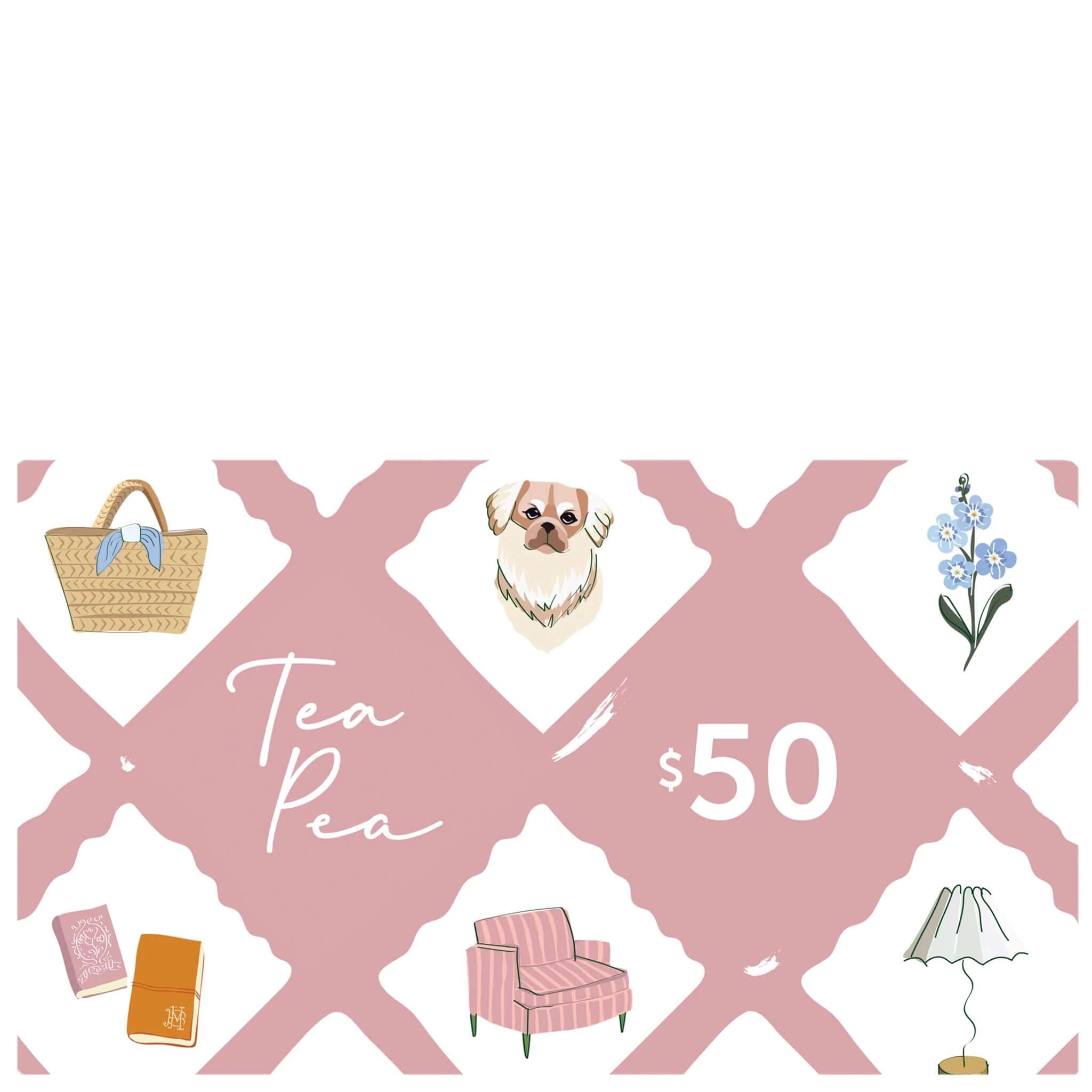 Tea Pea $50 Gift card with illustrations and text on a pink and white background