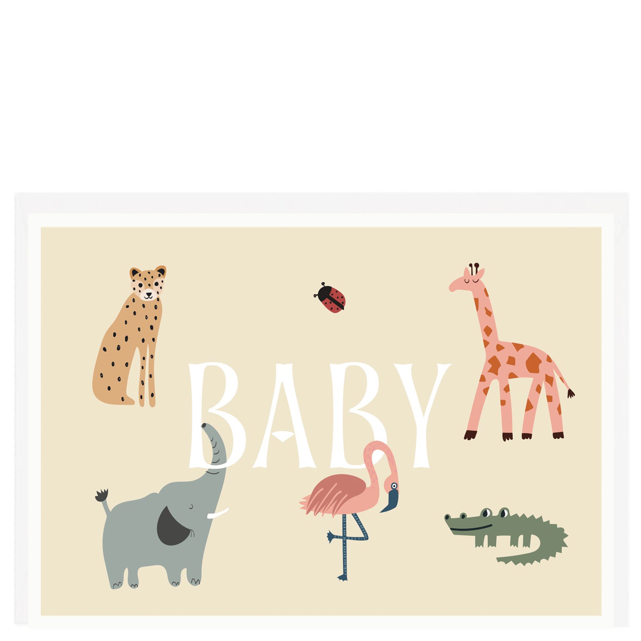 A greeting card with an illustration of various baby animals including a giraffe, elephant, lion, crocodile, and a flamingo, with the word 'BABY' in the center.