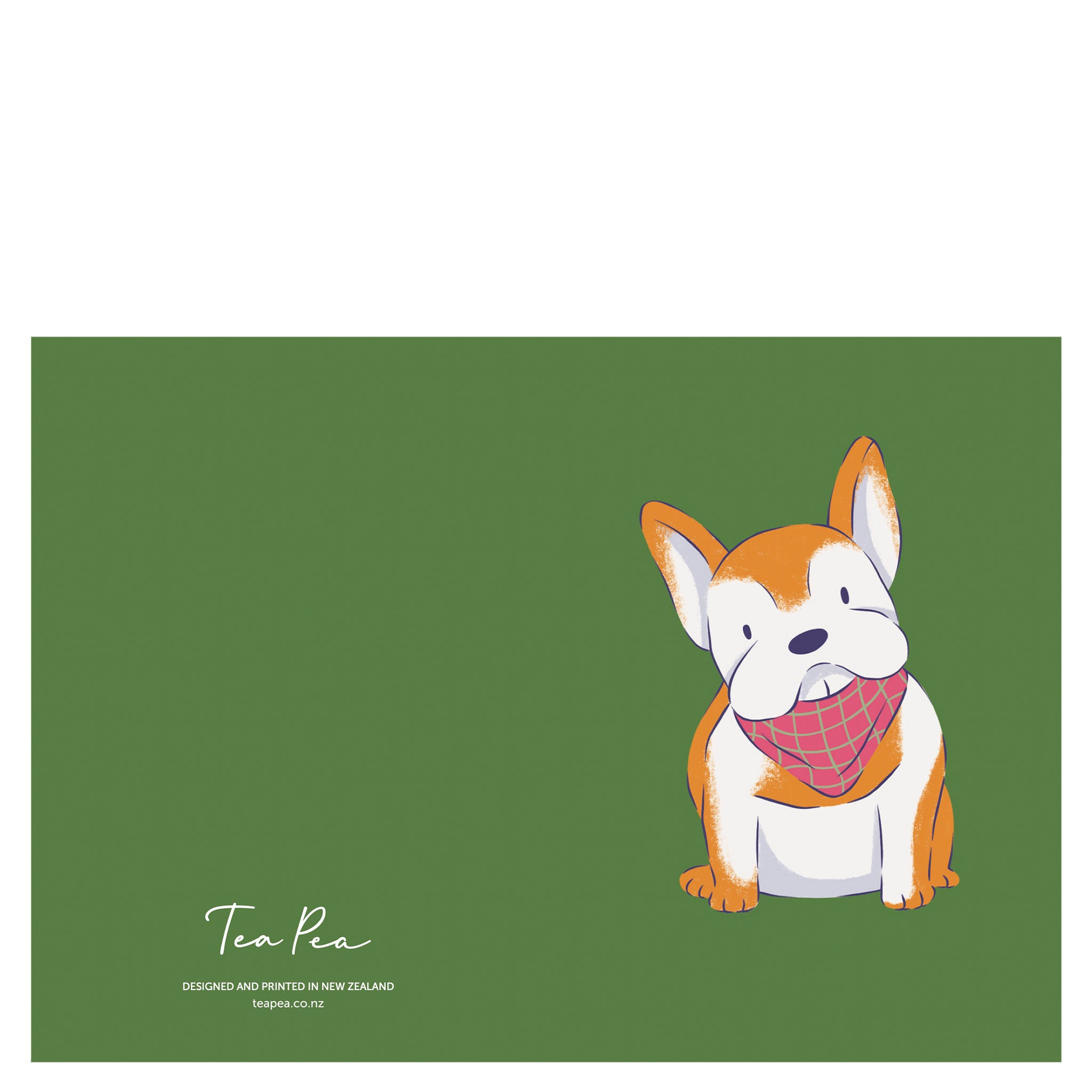 Greeting card with a French Bulldog with a bandana on a green background, featuring the brand 'Tea Pea'.