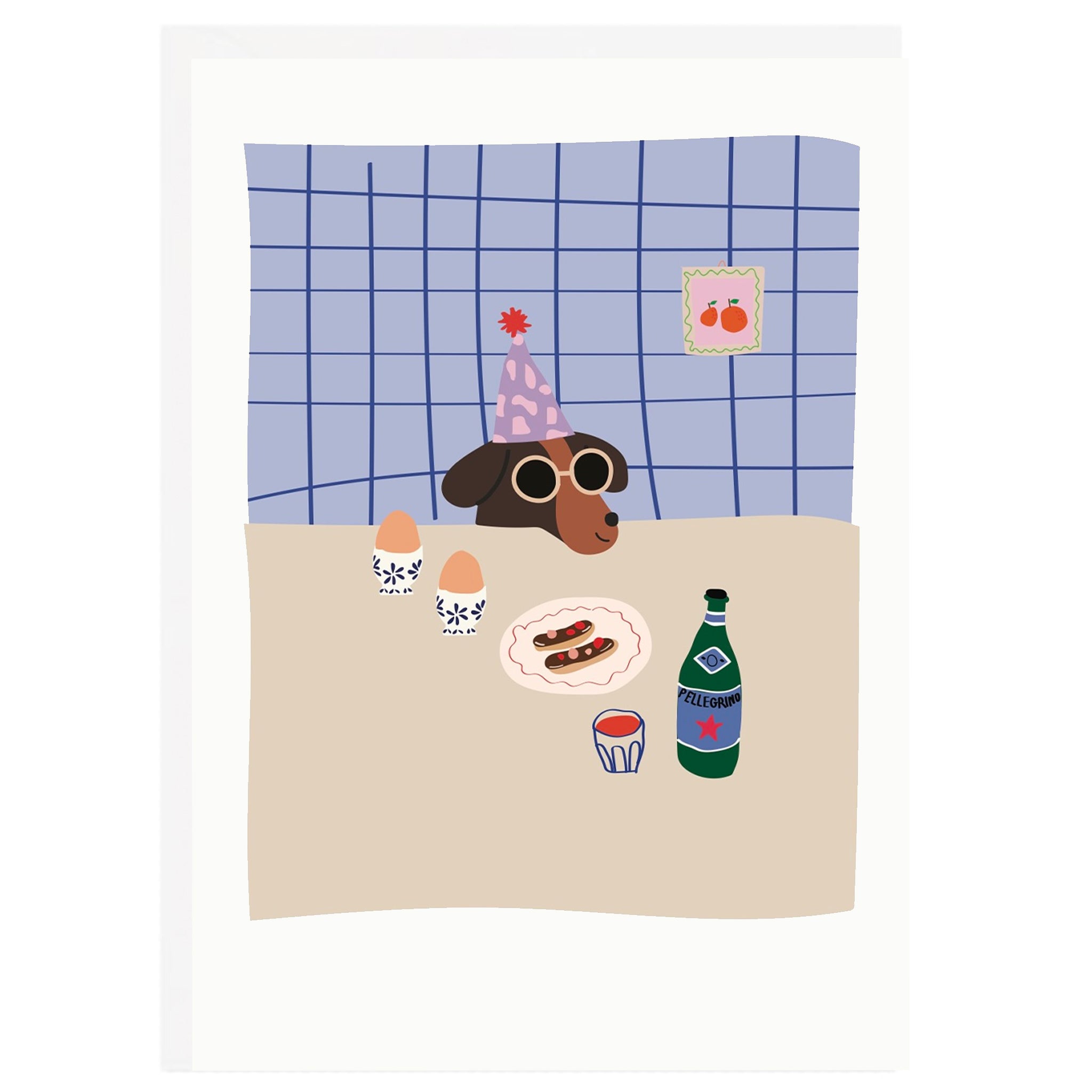 Illustrated greeting card featuring a cartoon dog with sunglasses and a party hat, seated at a table with food and a bottle, with a grid background.