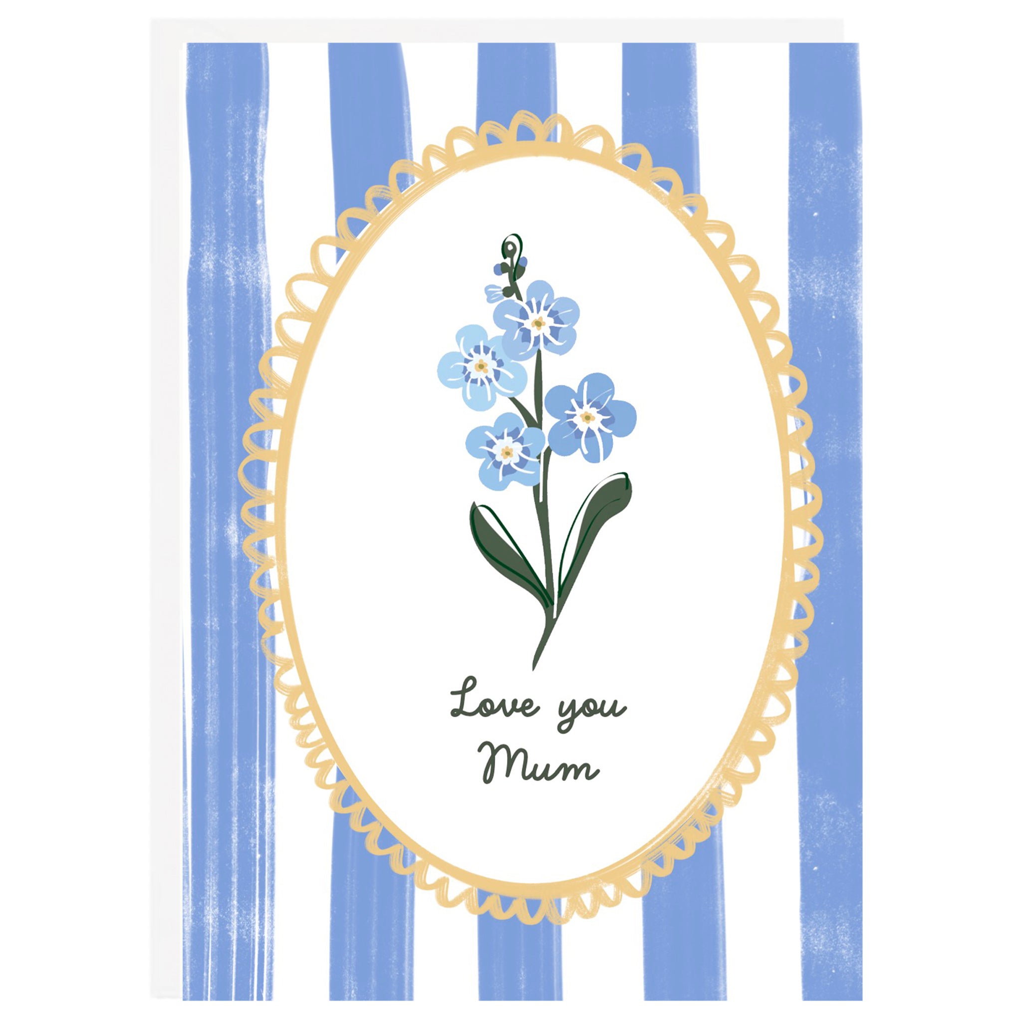 A greeting card with an illustration of forget-me-not flowers and the text 'Love you Mum' inside a striped envelope frame.