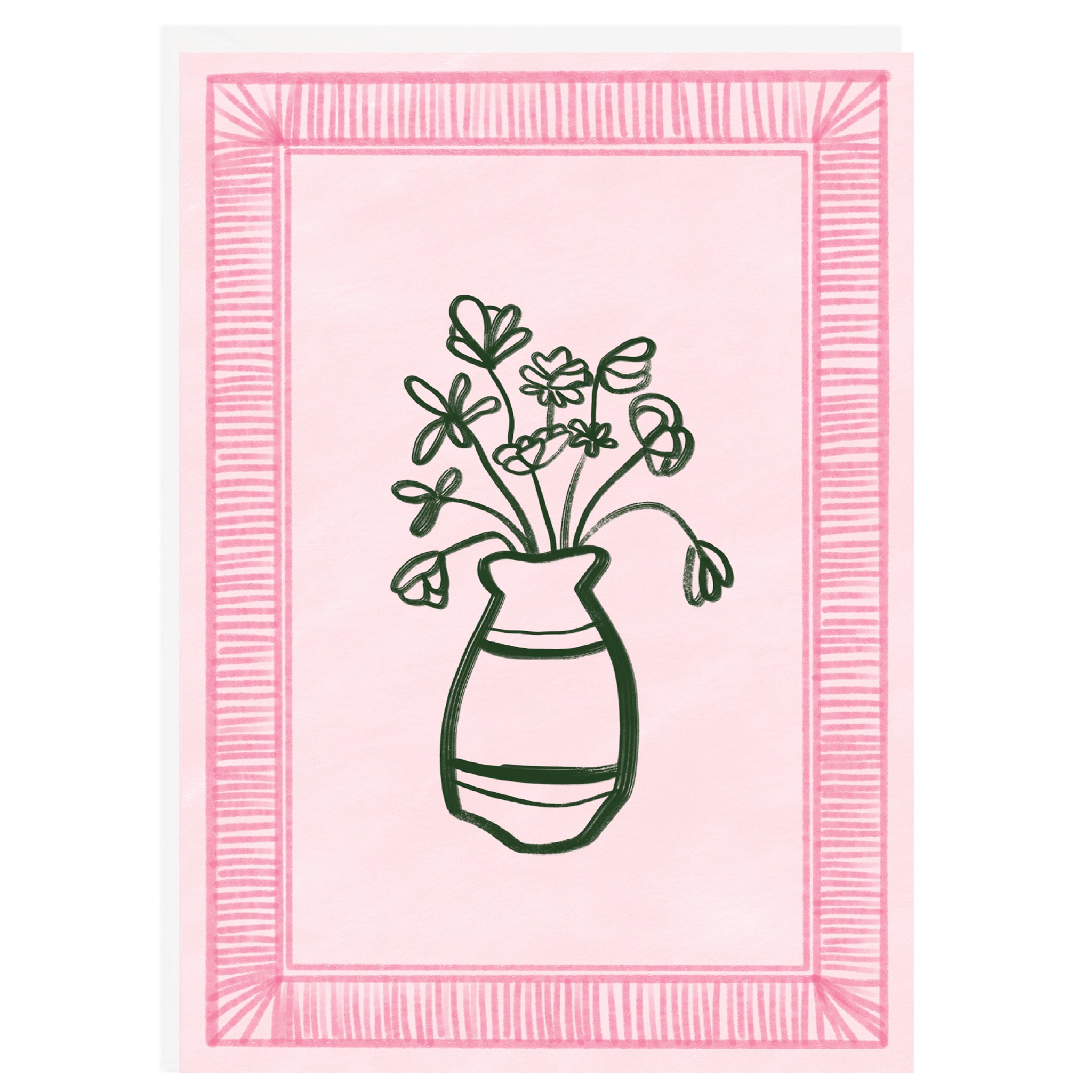A greeting card with a framed bouquet illustration, predominantly pink background with a green vase and plants.