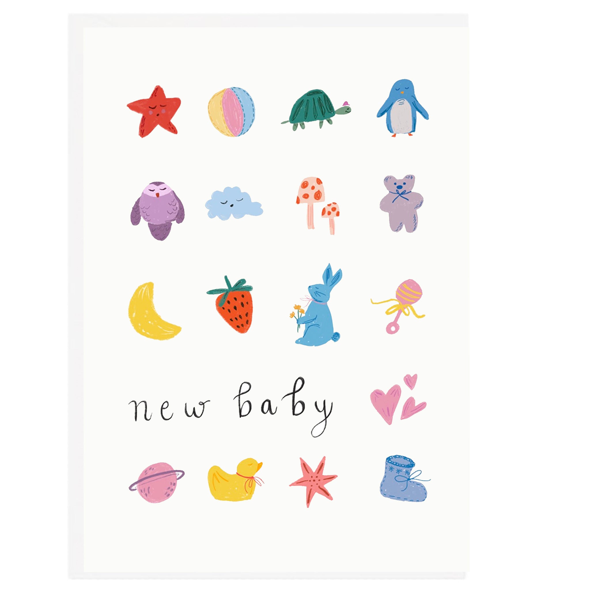 A Tea Pea New Baby card with sweet, colourful illustrations.