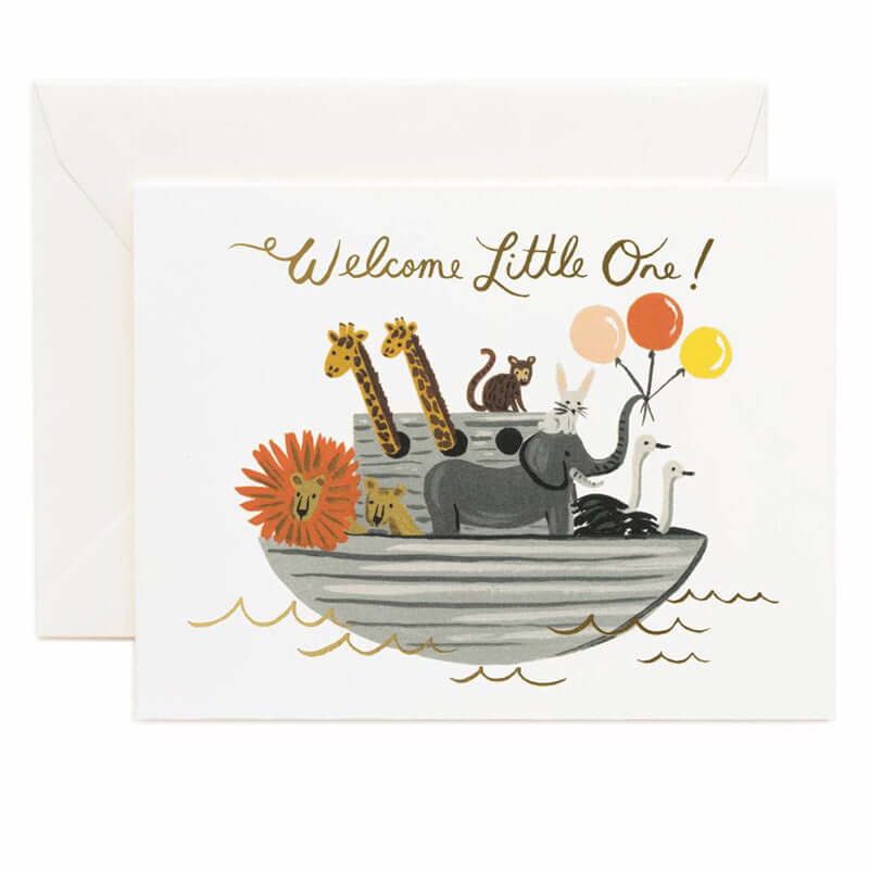 Rifle Paper Card - Noah's Ark featuring animals on a boat with gold foil and balloons, perfect for welcoming a new baby.