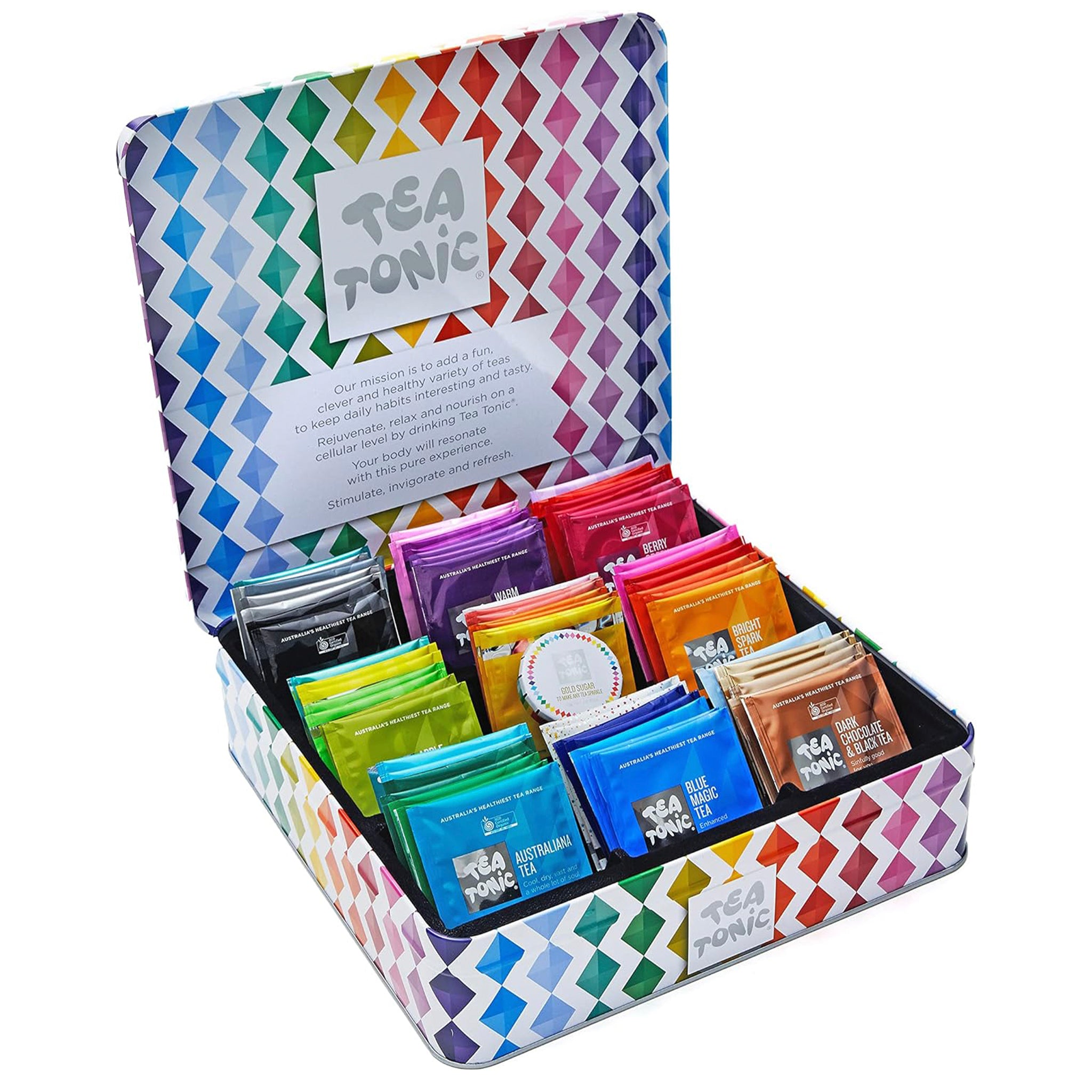 Colorful box of Tea Tonic tea bags with various flavors.