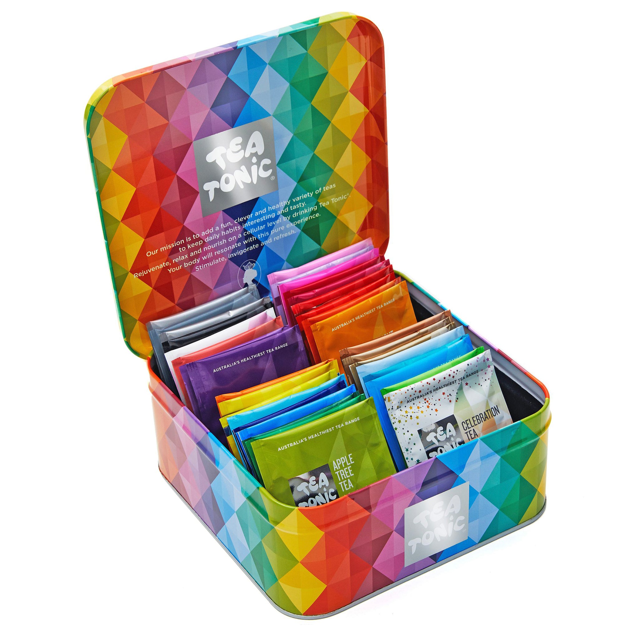 Colorful tea box with assorted tea bags on a white background