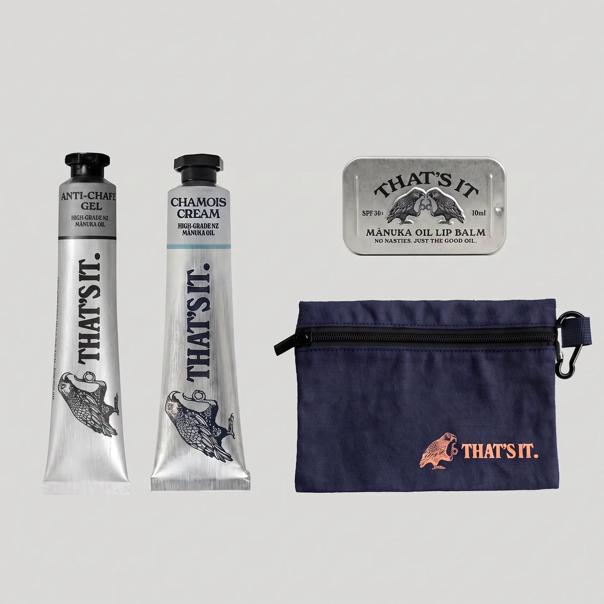 That's It Biker Bundle with anti-chafe gel, chamois cream, Manuka oil lip balm tin and navy pouch
