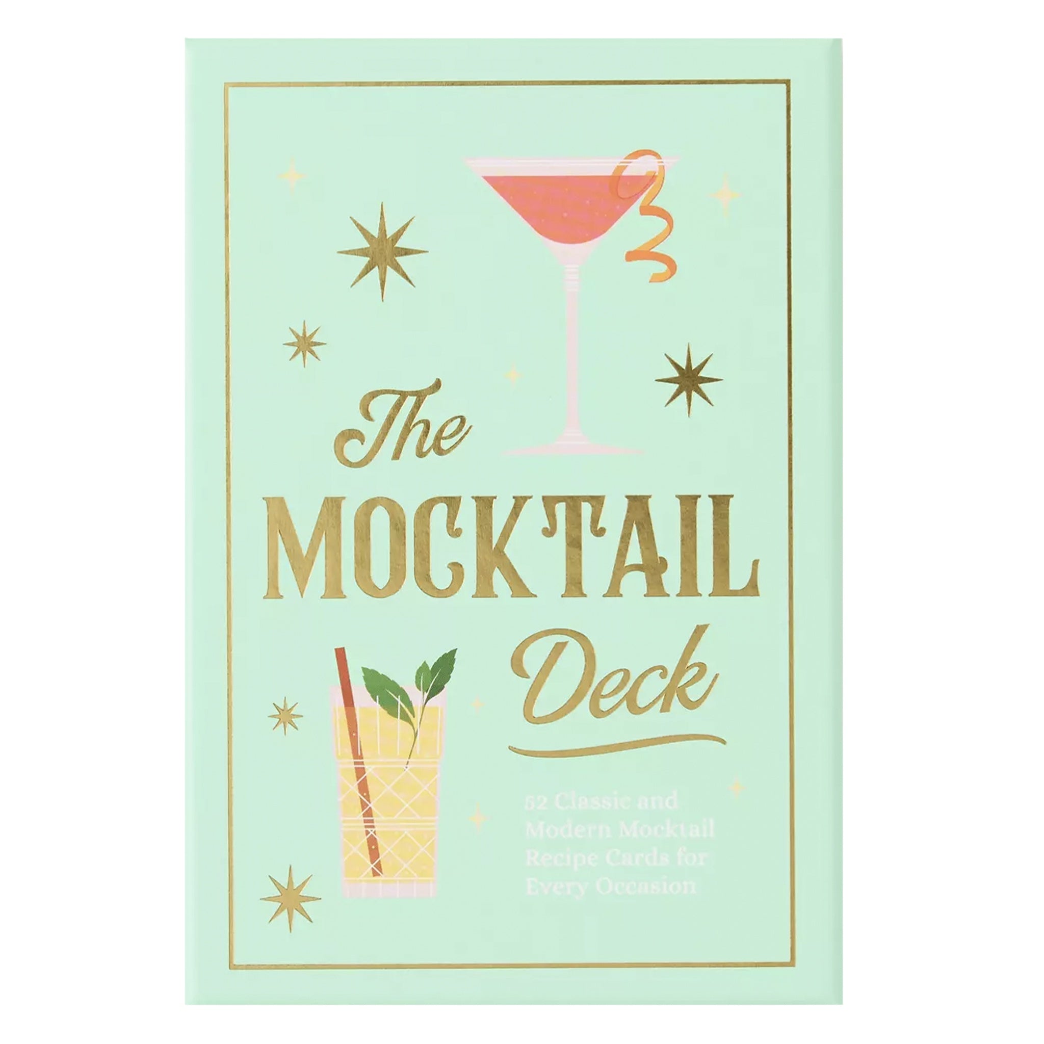 Book cover of 'The Mocktail Deck' with cocktail illustrations on a light green background