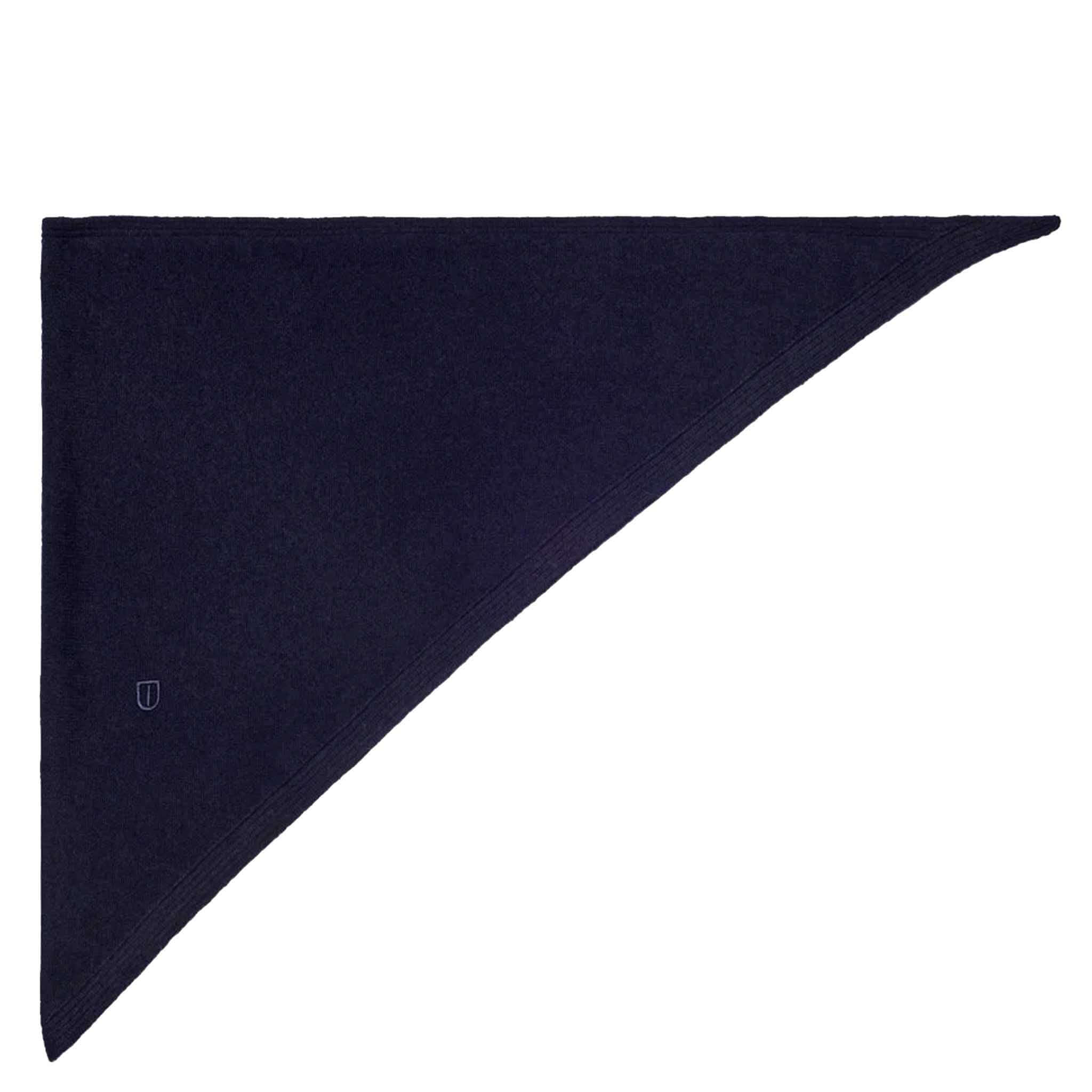 The Uniform Cashmere Bandana Scarf - Navy, triangular cashmere scarf with ribbed edges and logo.