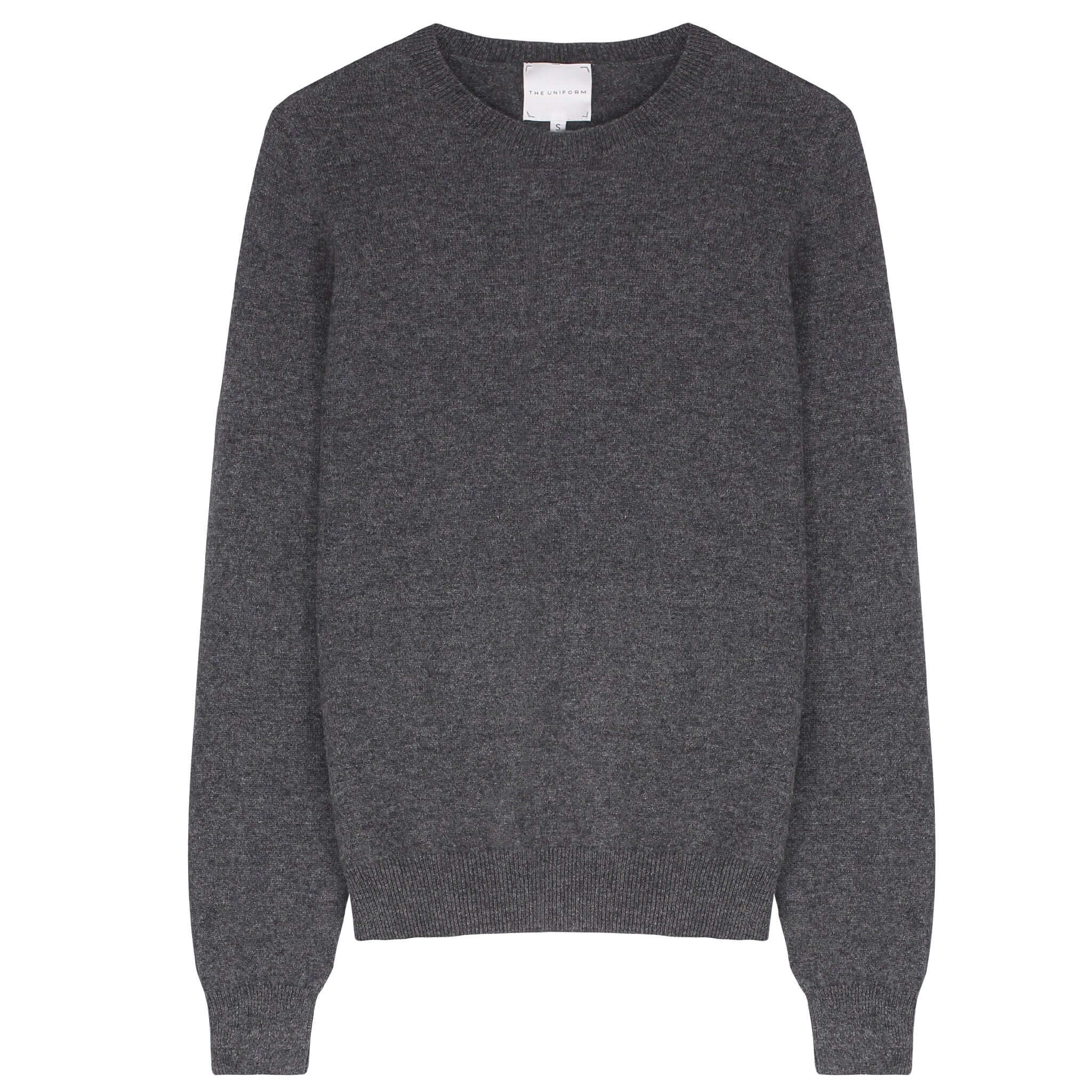 Alt Tag: The Uniform Cashmere Crew Neck Sweater - Charcoal charcoal cashmere crew neck sweater, long sleeve relaxed fit ribbed trim
