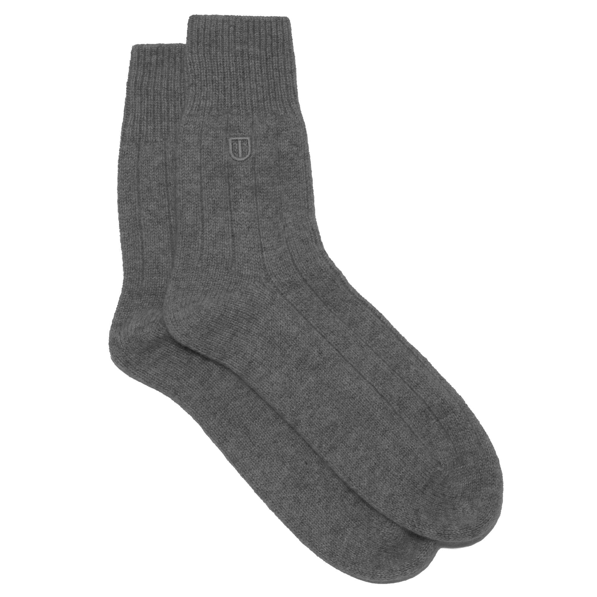 Alt Tag: The Uniform Cashmere Socks - Charcoal ribbed charcoal grey cashmere socks, warm soft luxury winter comfort