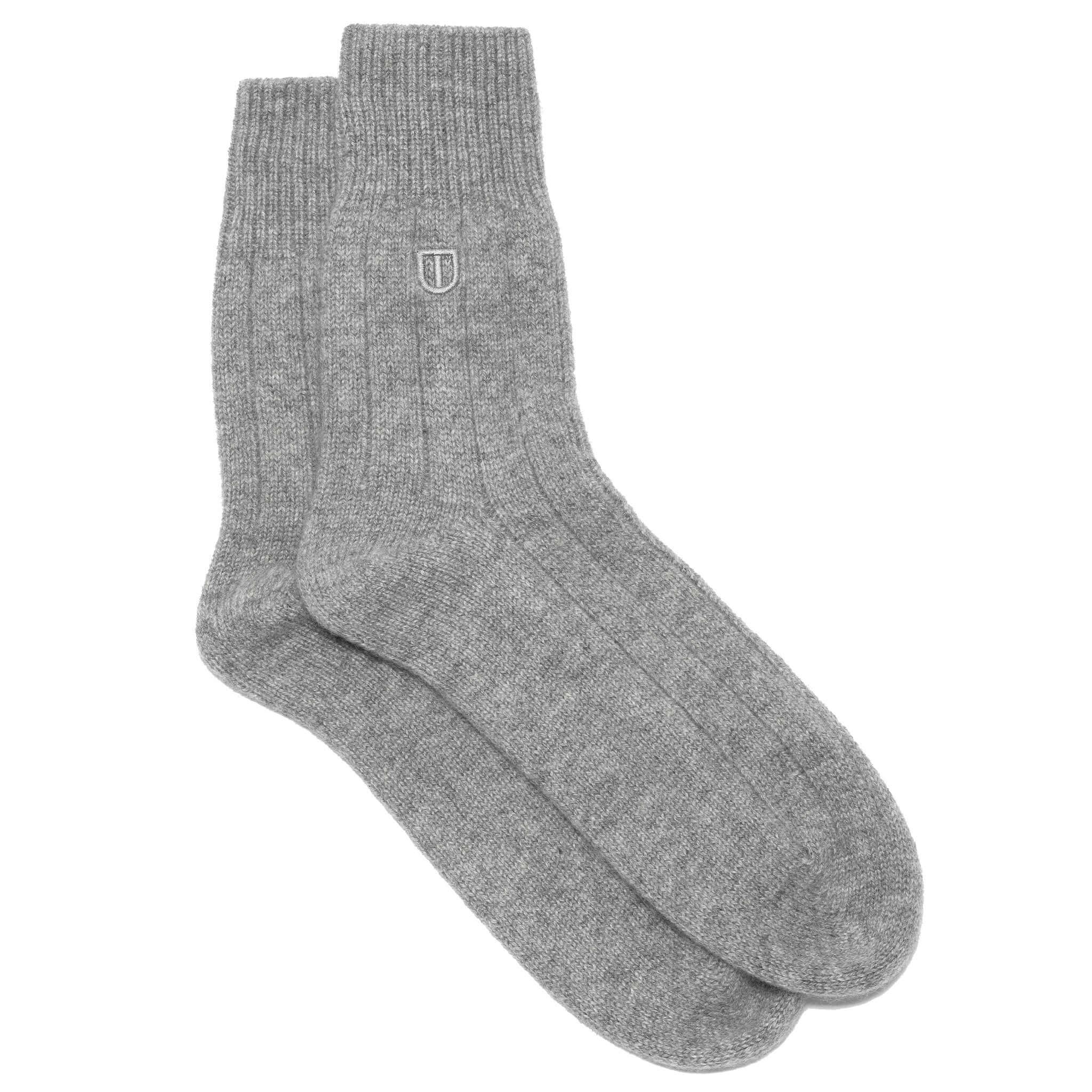 Alt Tag: The Uniform Cashmere Socks - Light Grey ribbed light grey cashmere socks pair, ultra-soft warm luxury comfort