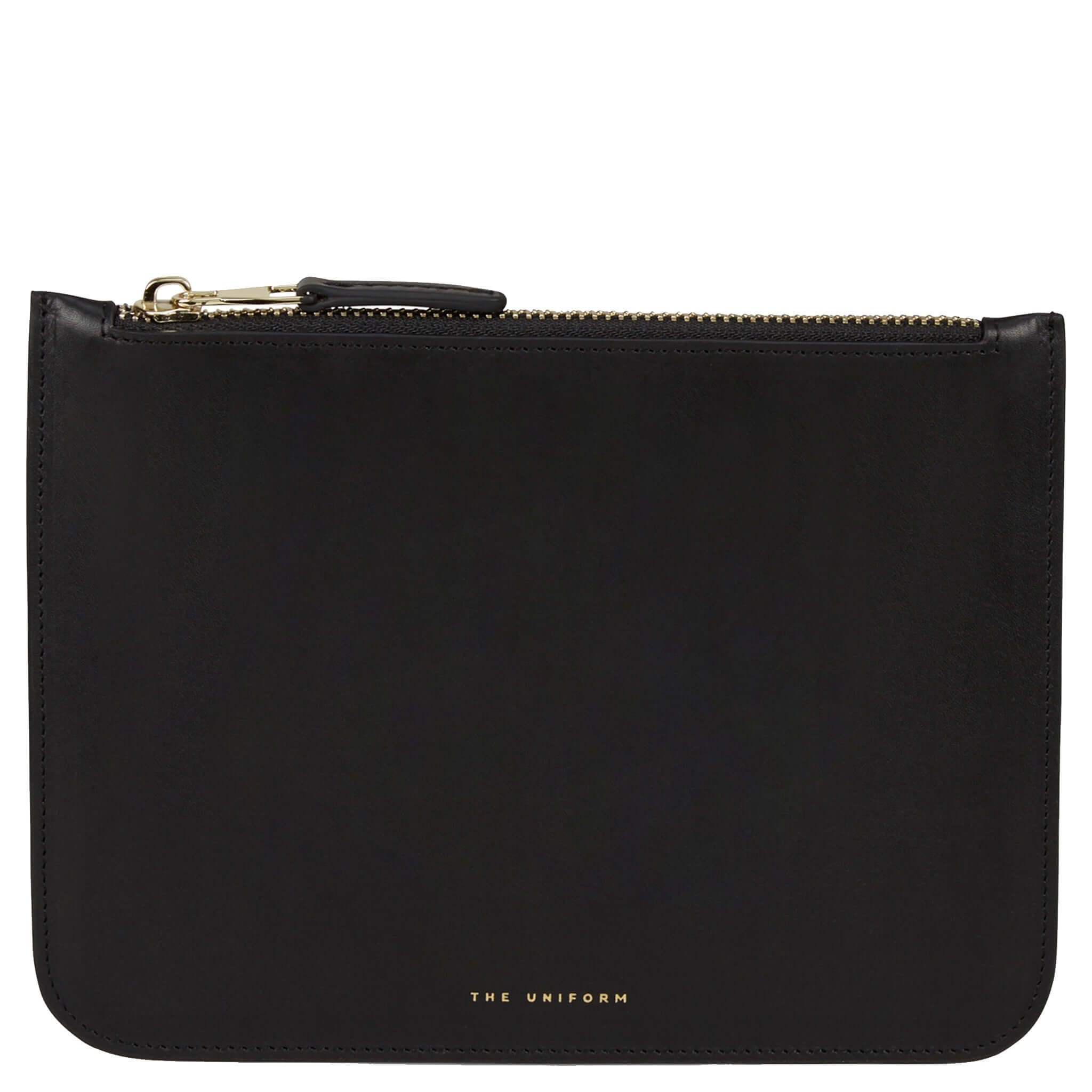 Alt Tag: The Uniform Pouch - Black full-grain calf leather zip-top pouch purse in black with gold zipper and navy lining