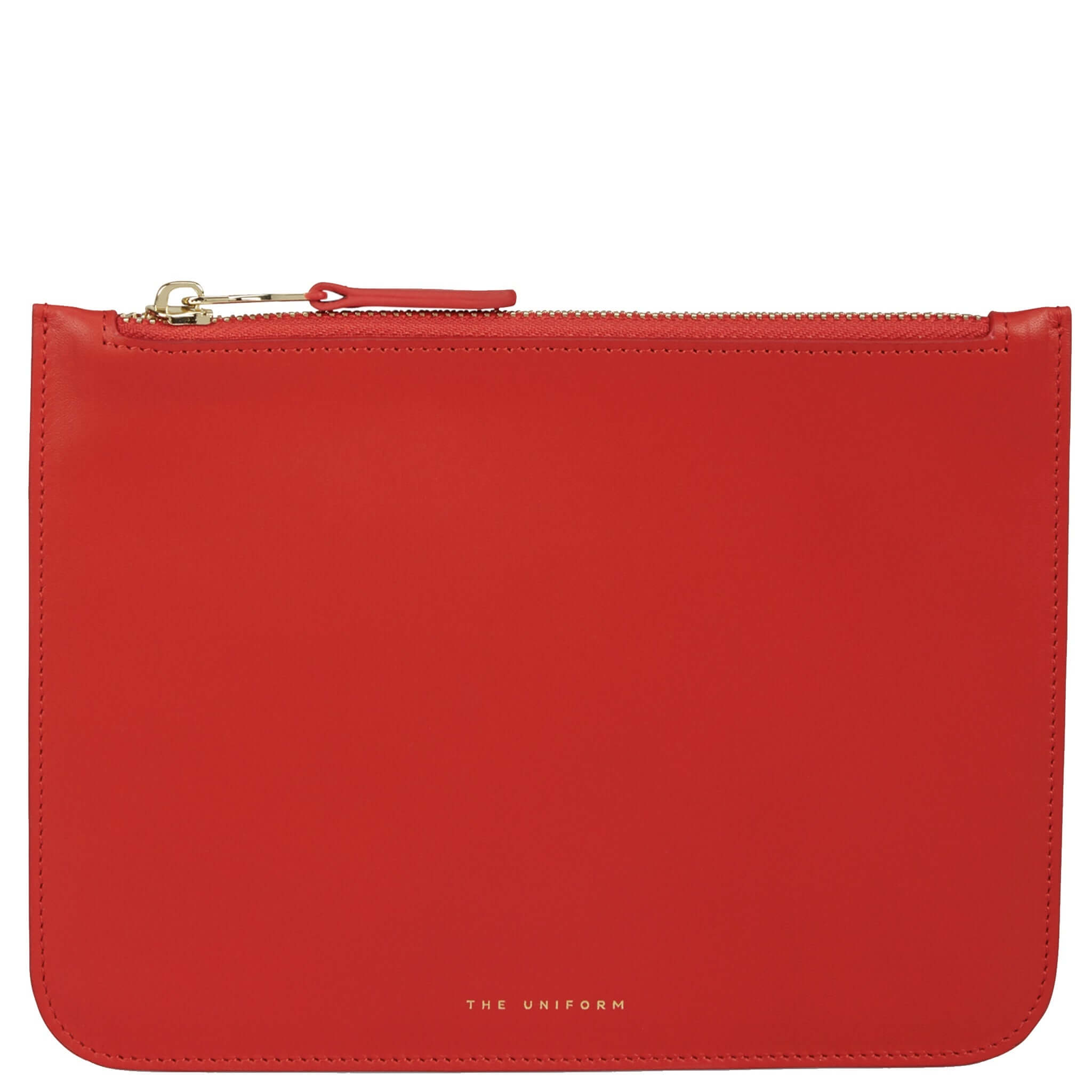 Alt Tag: The Uniform Pouch - Fire full-grain calf leather zip-top purse in fire red with gold zipper and navy lining