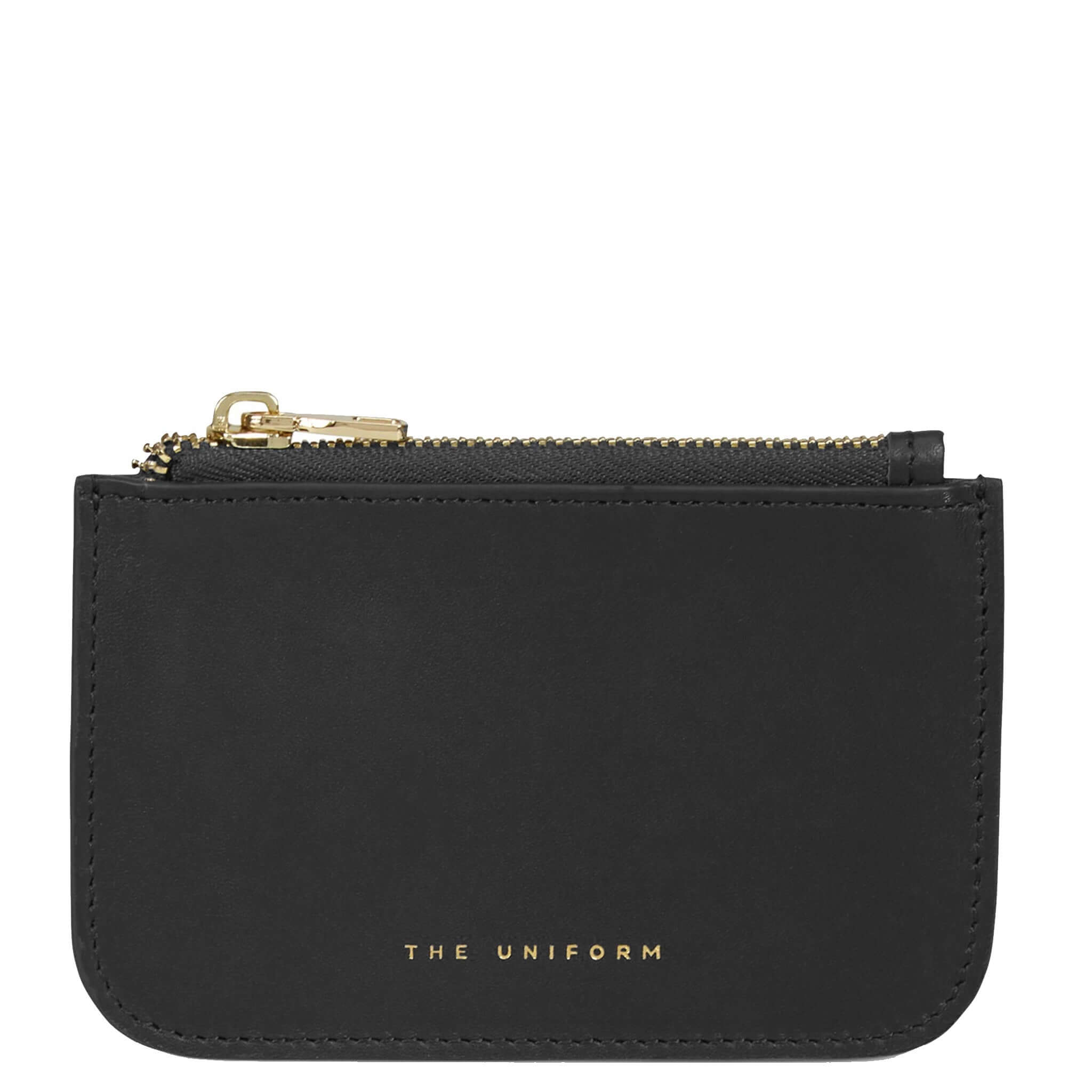 Alt Tag: The Uniform Wallet - Black full-grain calf leather zip-top wallet in black with gold zipper and navy lining