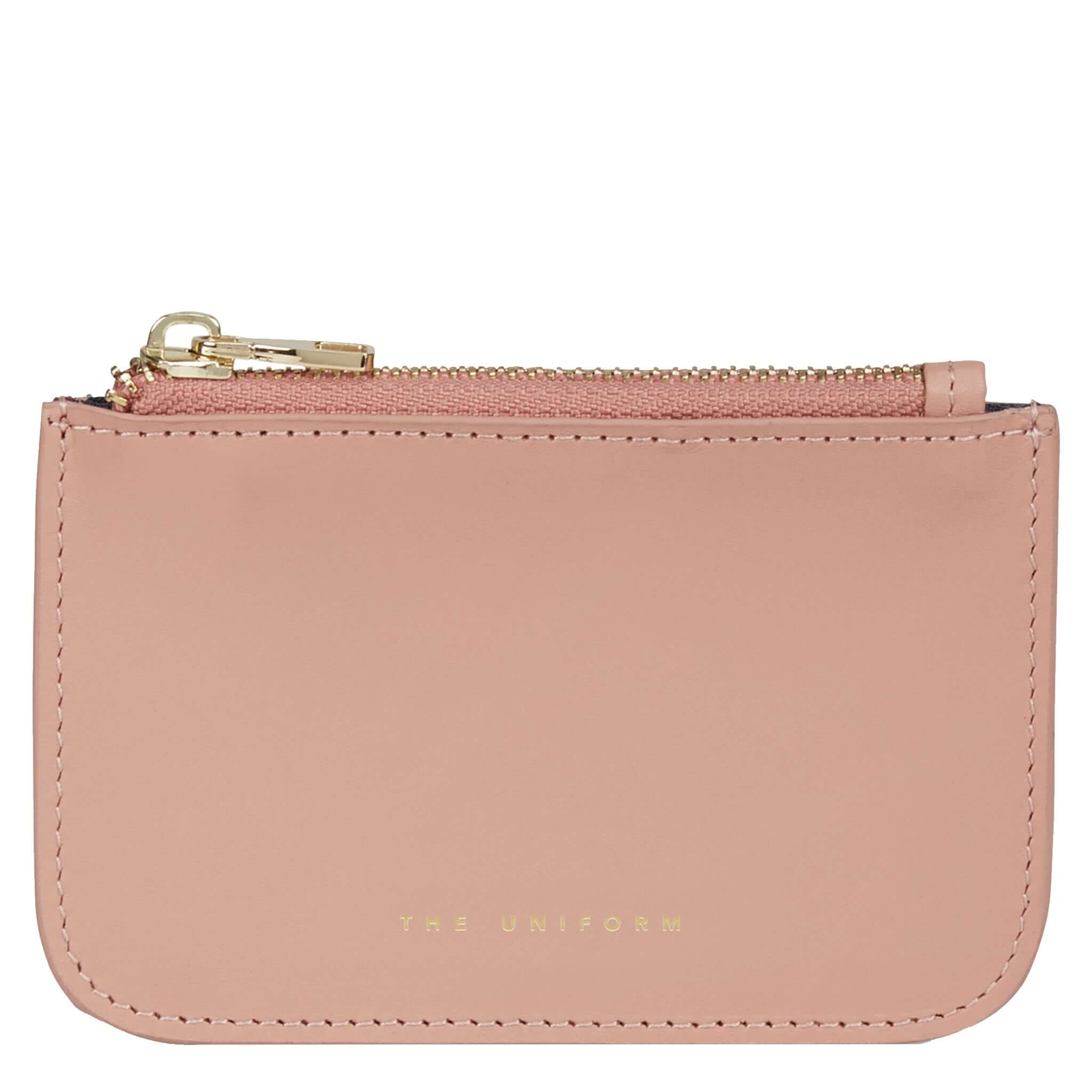 Alt Tag: The Uniform Wallet - Cameo full-grain calf leather cameo pink zip top wallet with gold zipper and navy lining