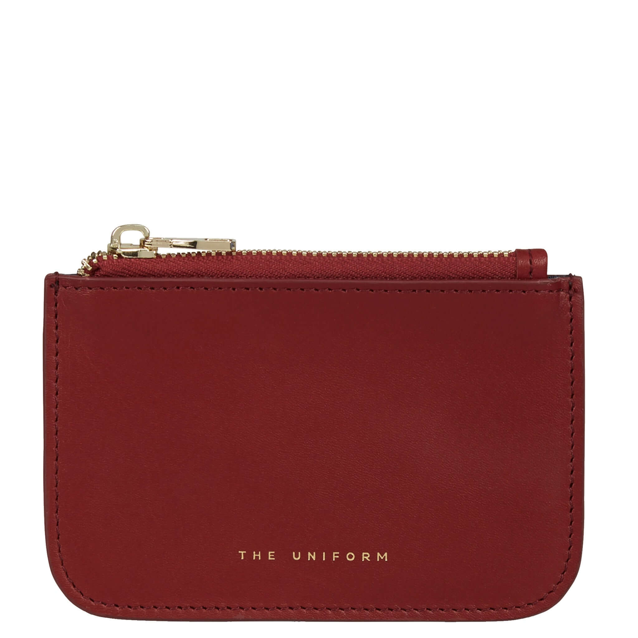 Alt Tag: The Uniform Wallet - Margaux margaux red full-grain calf leather zip top wallet with gold zipper and navy lining
