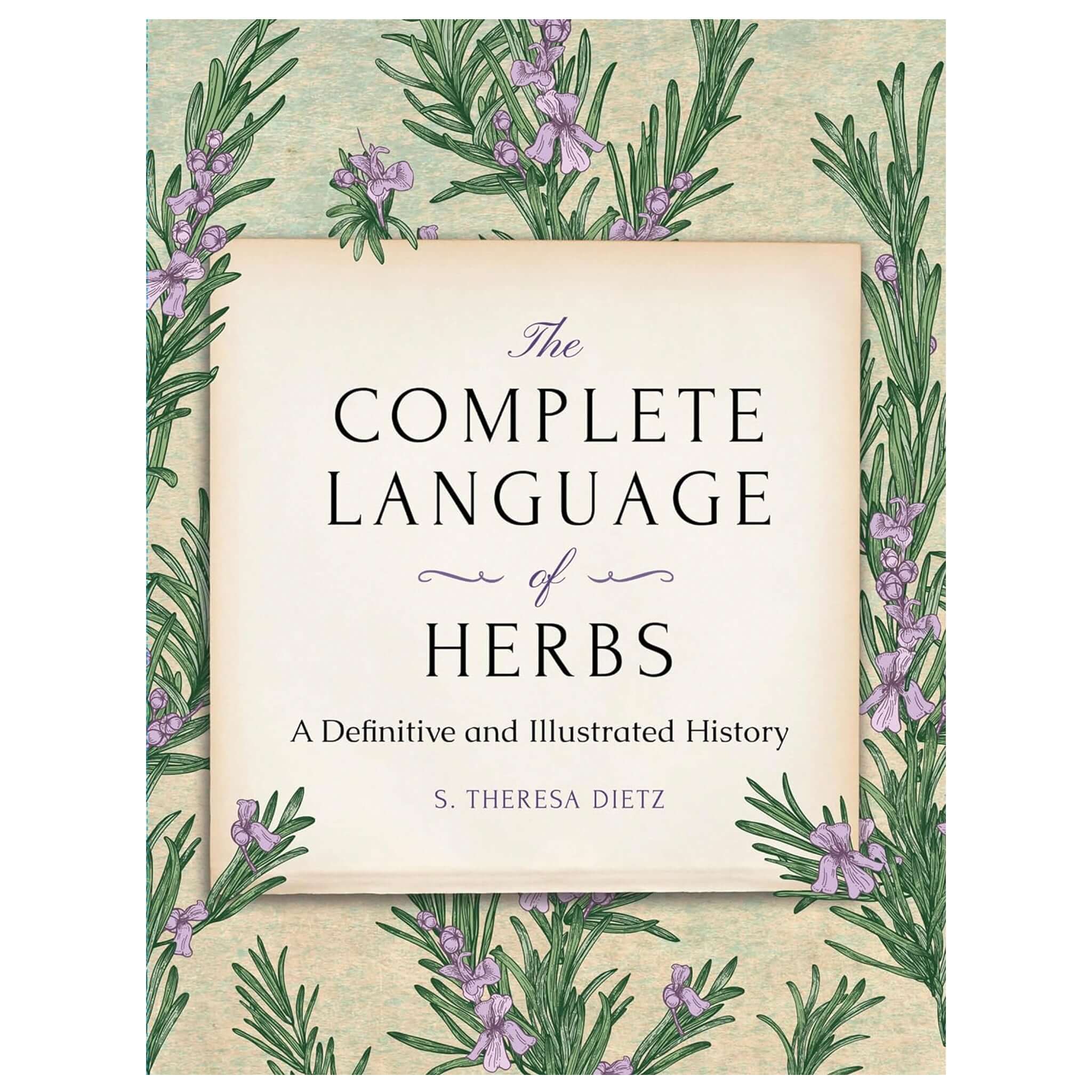Alt Tag: The Complete Language of Herbs: A Definitive & Illustrated History book cover with botanical herb illustrations and purple flowers