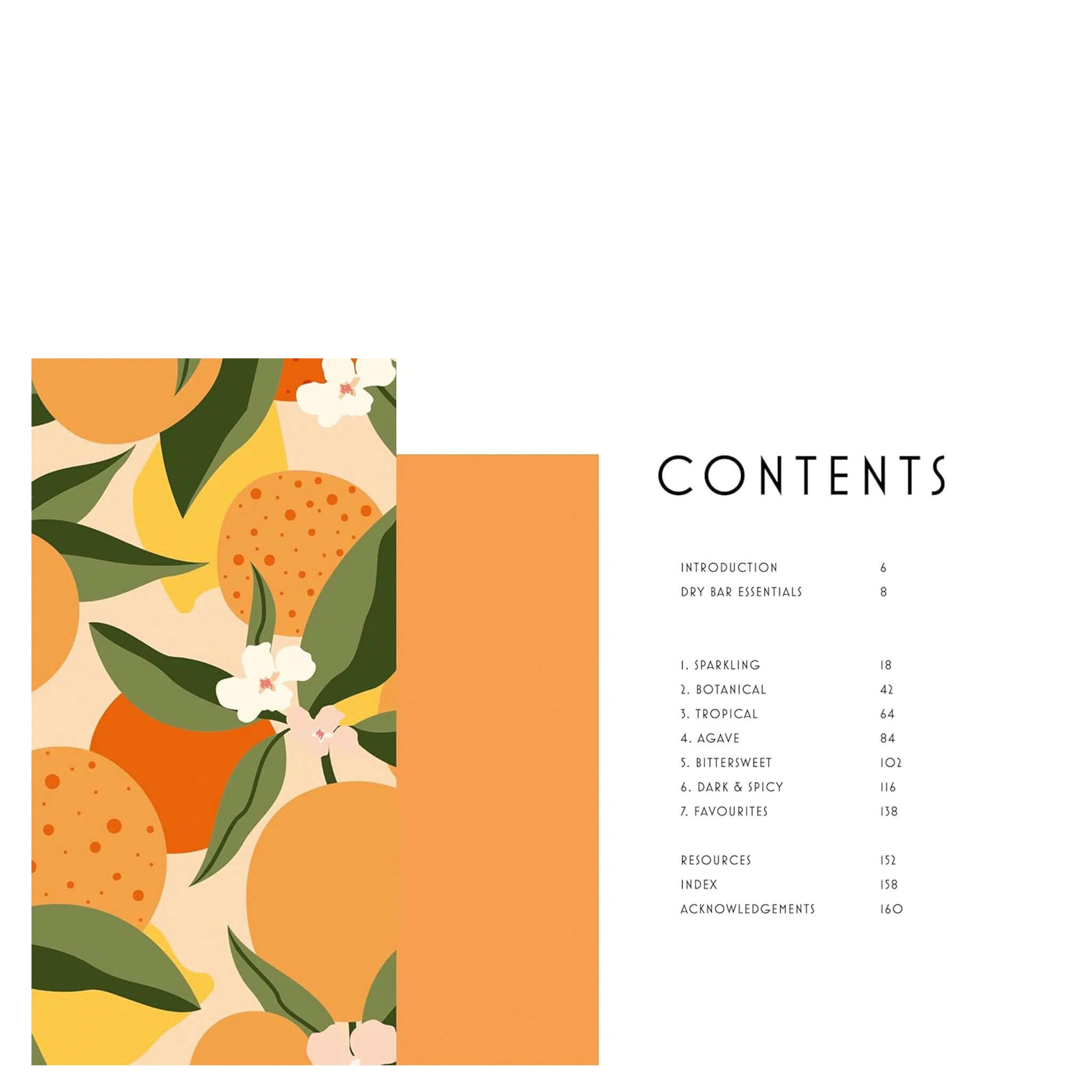 The Dry Bar: 60 Recipes for Zero-Proof Craft Cocktails contents page showing recipe sections and citrus illustration for alcohol-free mixology book