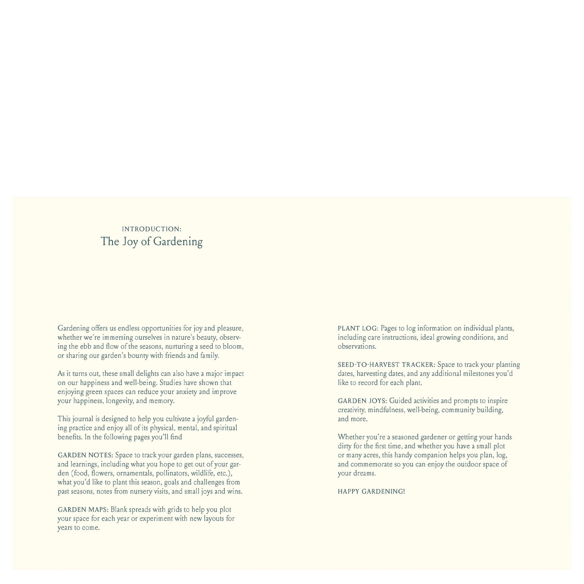 Alt Tag: The Joyful Gardener's Journal introduction page spread with garden planning tips, plant log, seed tracker and harvest notes