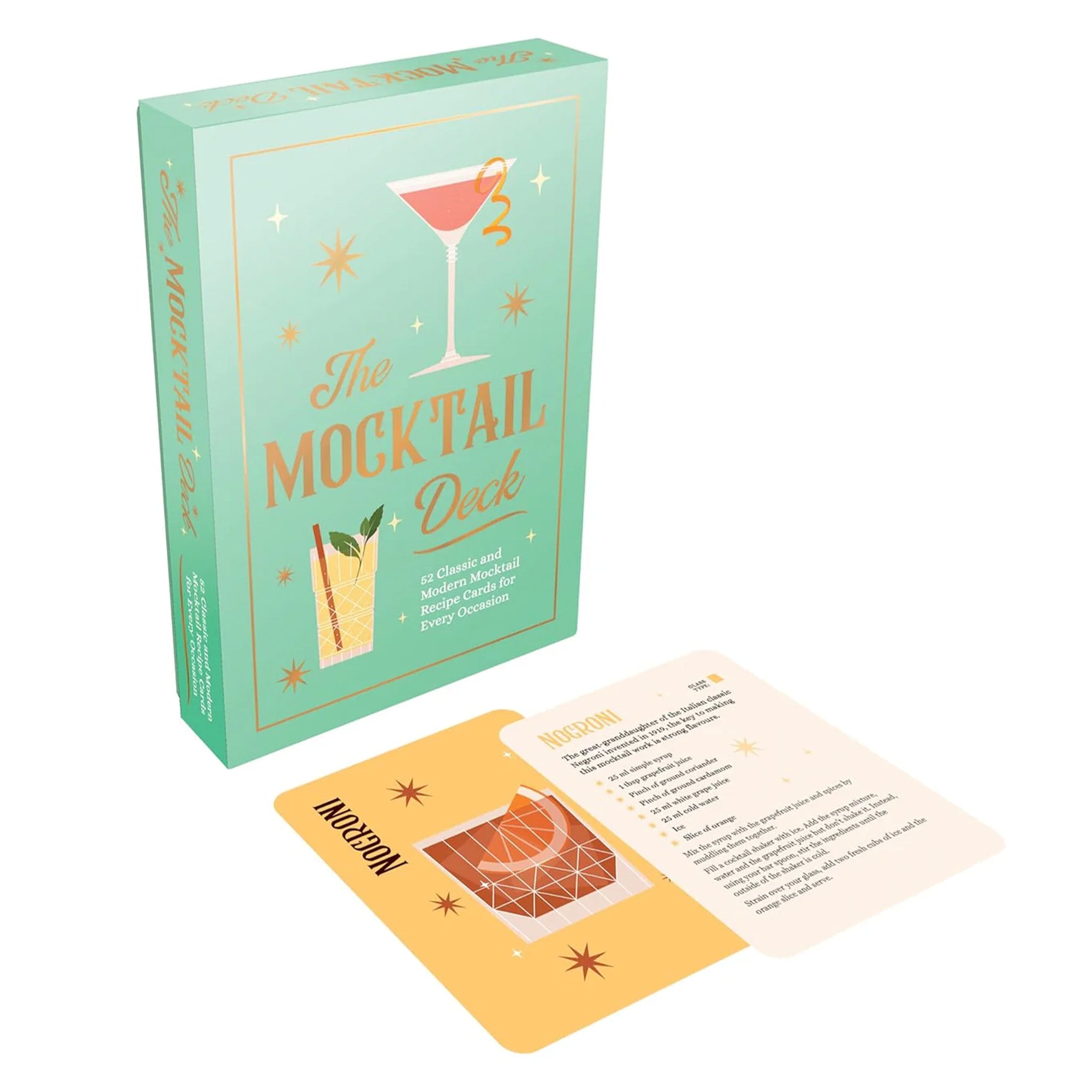 Box of 'The Mocktail Deck' with a card showing a mocktail illustration on a white background
