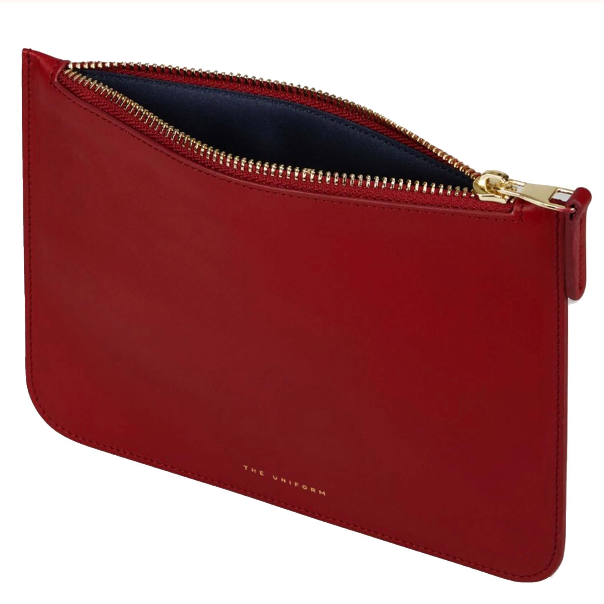 Alt Tag: The Uniform Wallet - Margaux full-grain calf leather margaux red zip-top wallet with navy lining and gold zipper