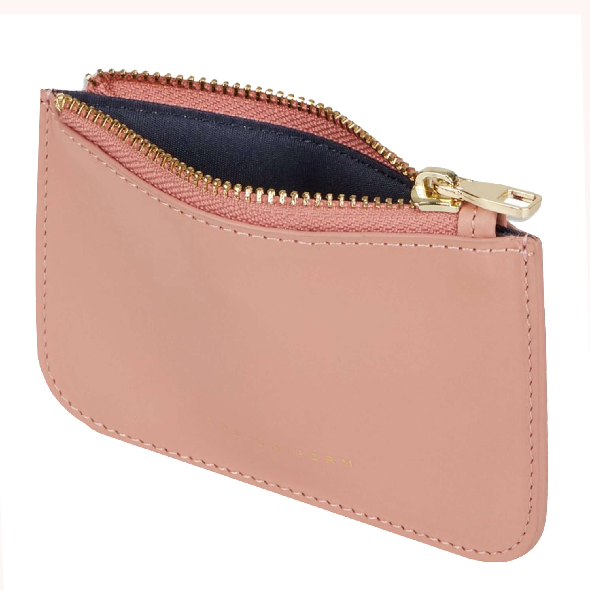 Alt Tag: The Uniform Wallet - Cameo full-grain calf leather pink zip-top wallet with navy lining and gold zipper