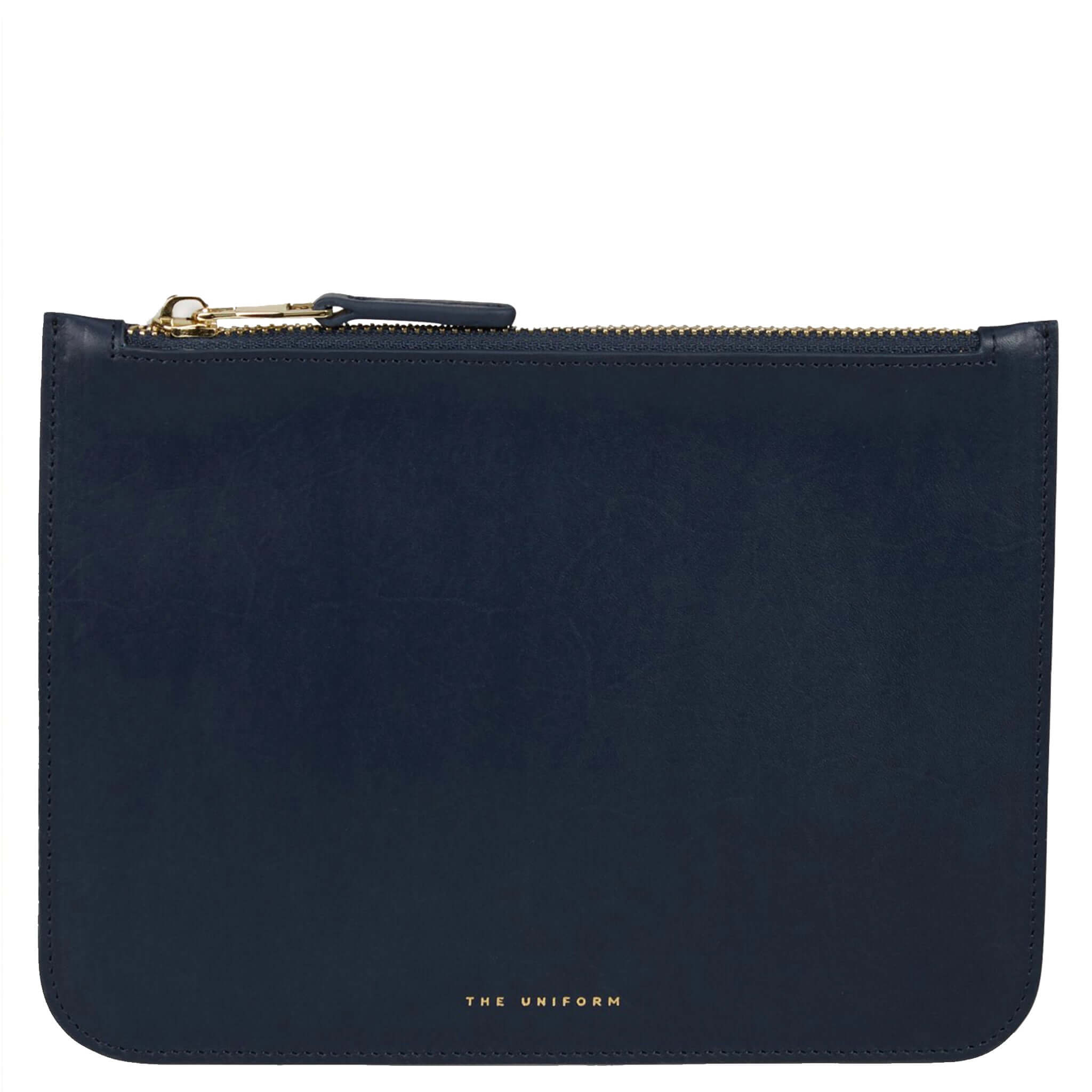 Alt Tag: The Uniform Pouch - Navy full-grain calf leather zip-top purse in navy with gold zipper hardware