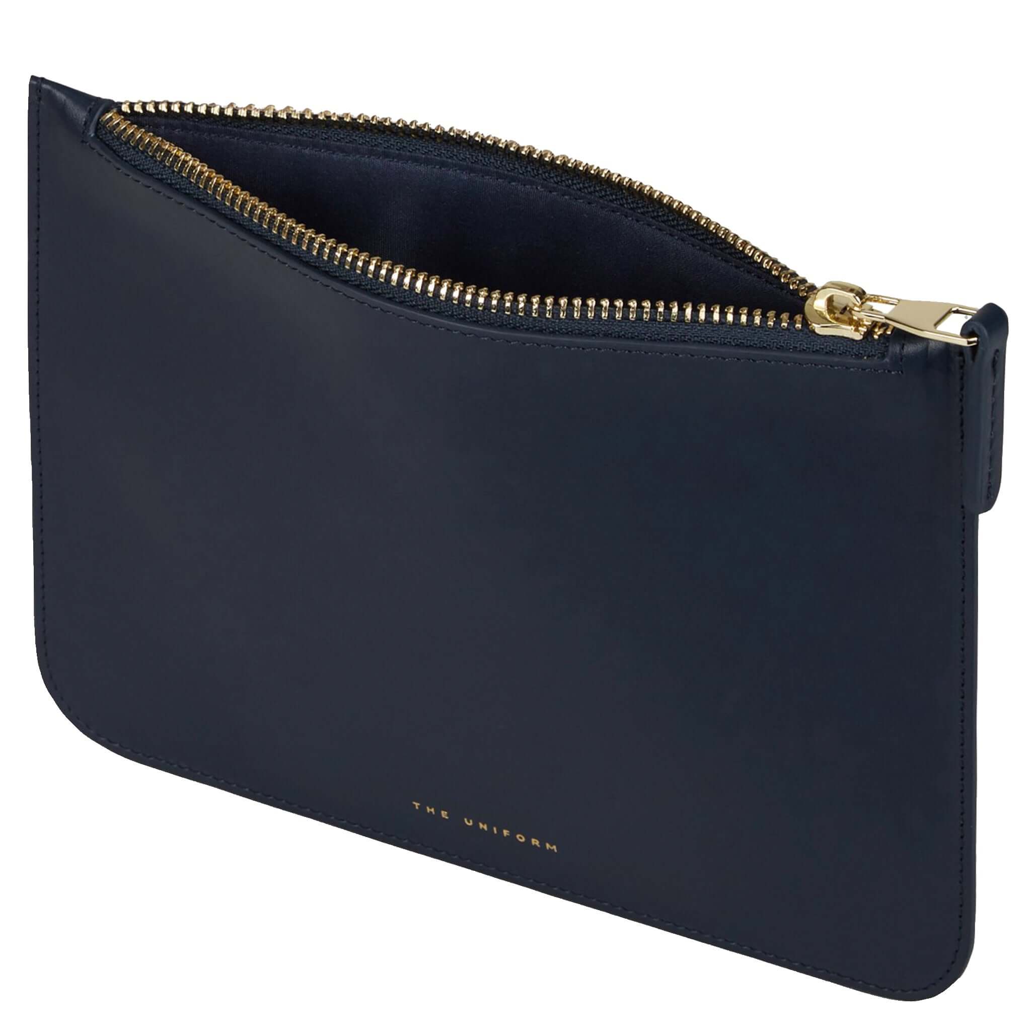 Alt Tag: The Uniform Pouch - Navy full-grain calf leather zip-top purse with gold zipper, sleek navy leather pouch wallet