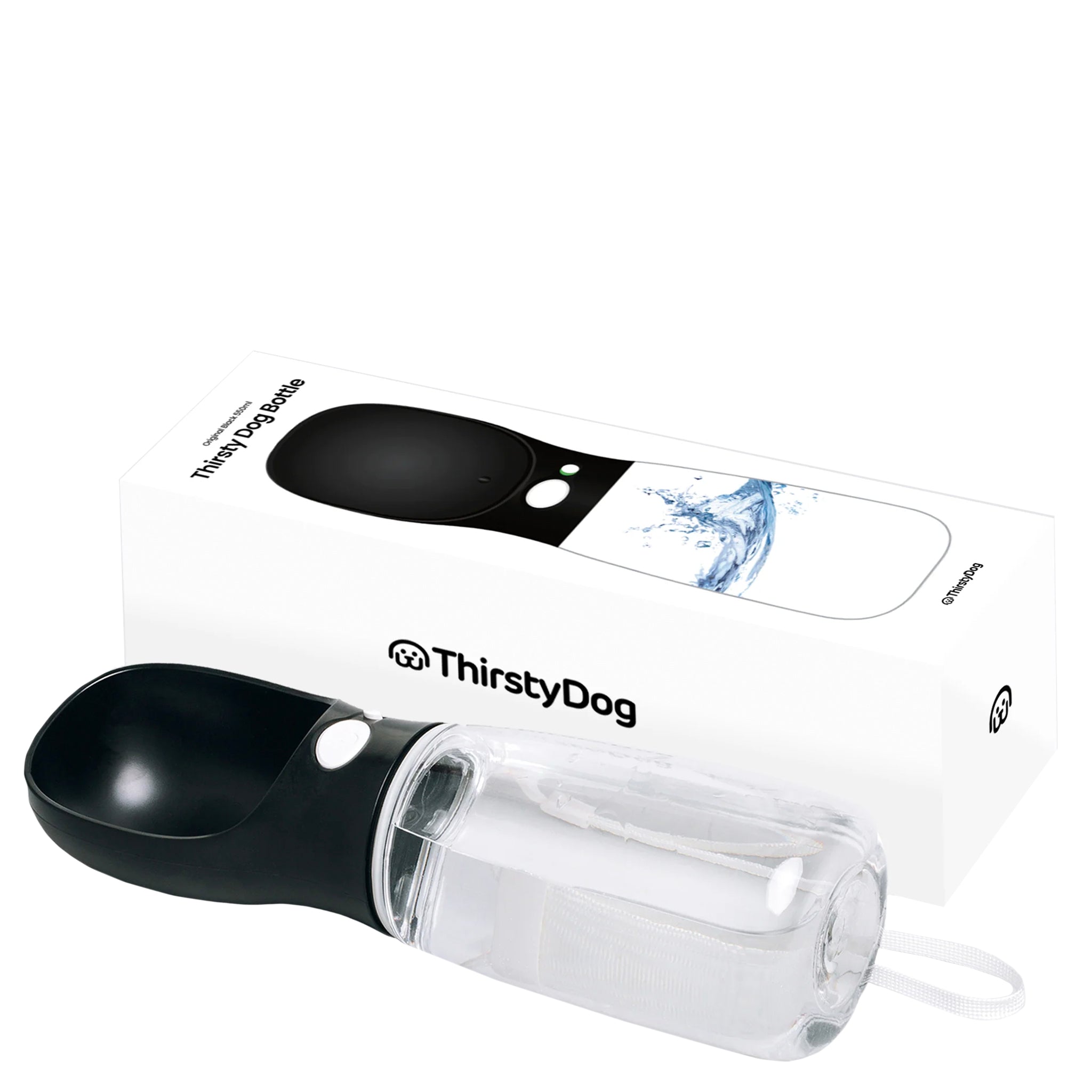 Black and clear pet water bottle with ThirstyDog branding on a white background