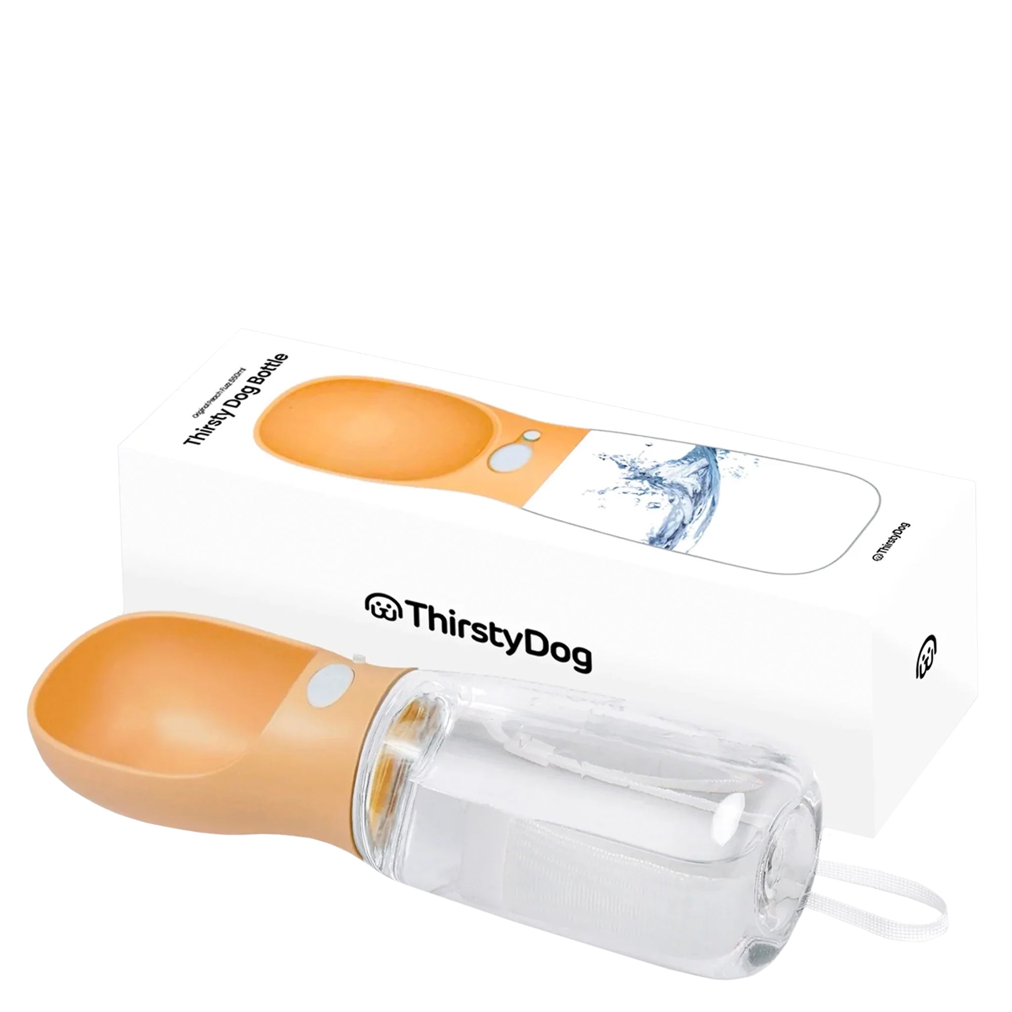 ThirstyDog water bottle with clear base and brown top on a white background