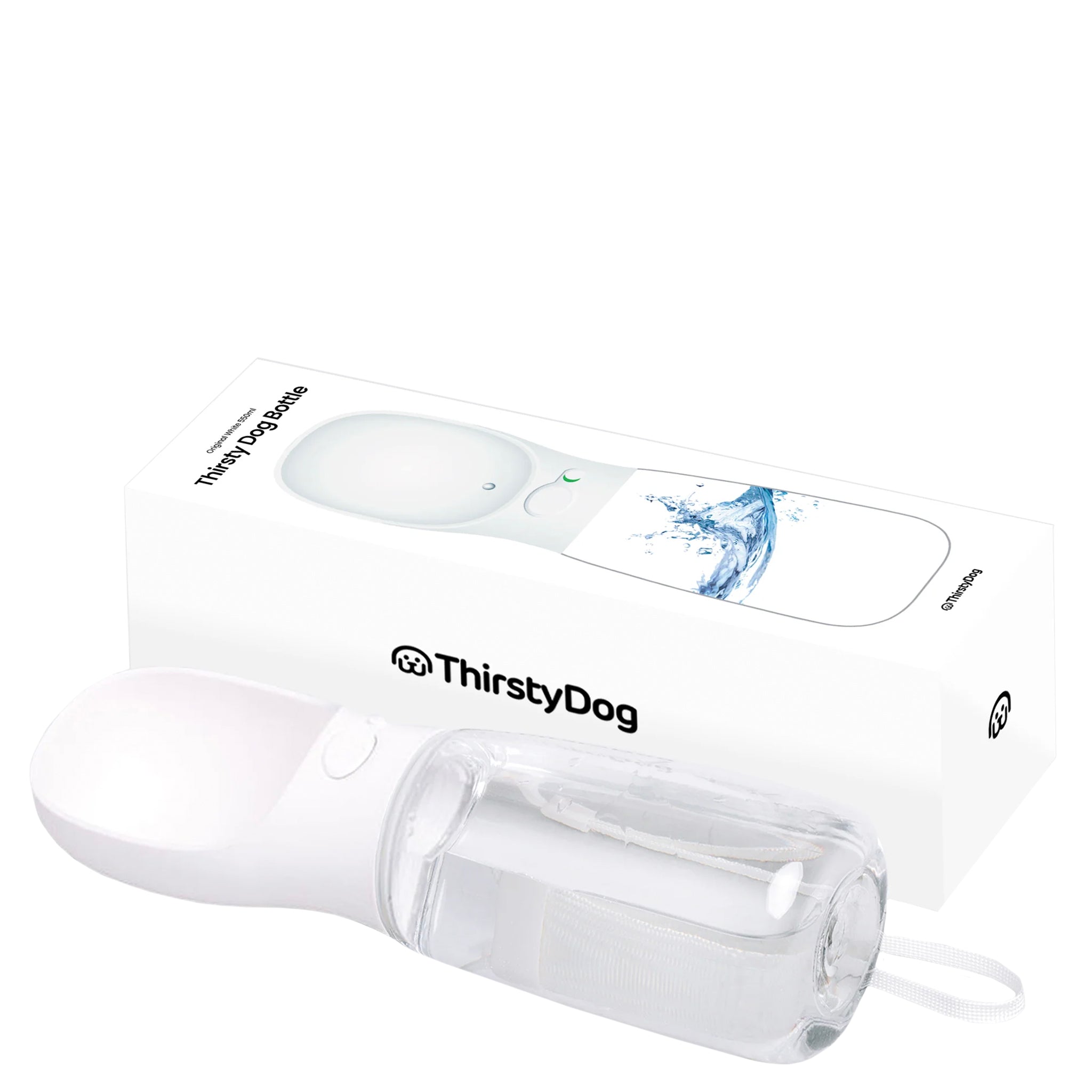 White pet water bottle with ThirstyDog branding on a white background