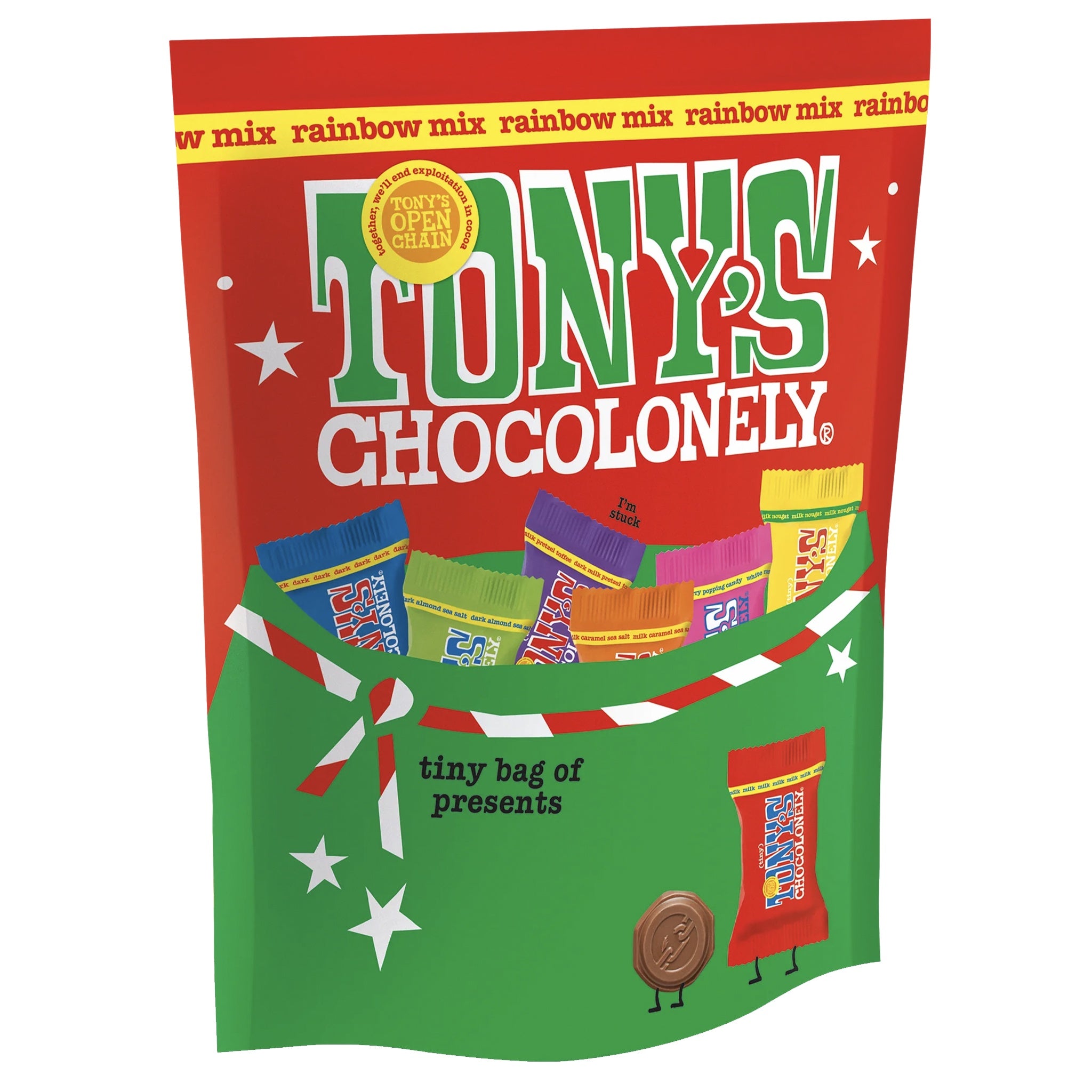 Tony's Chocolonely rainbow mix packaging with colorful bags on a red and green background.