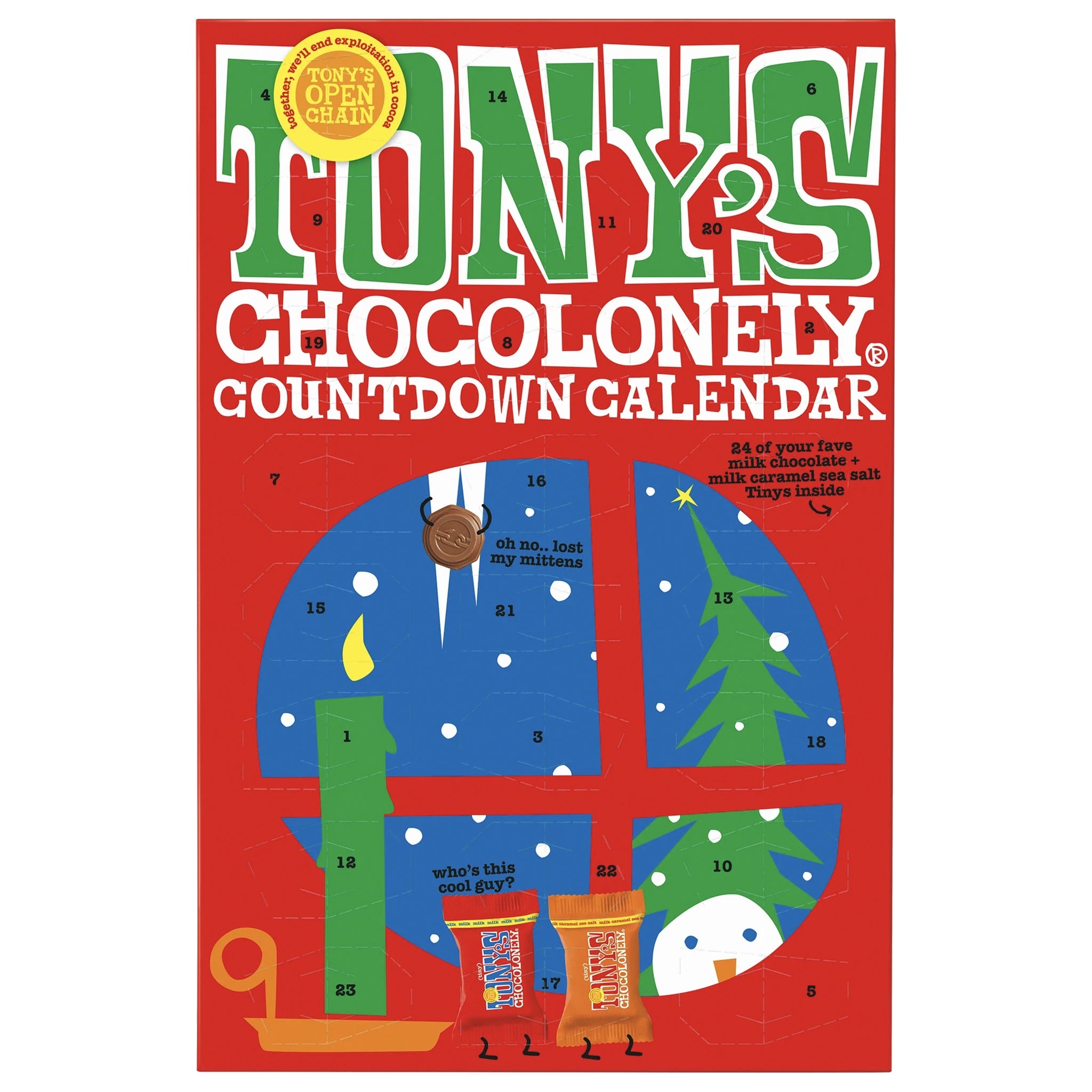 Tony's Chocolonely advent calendar cover with Christmas-themed illustrations on a red background