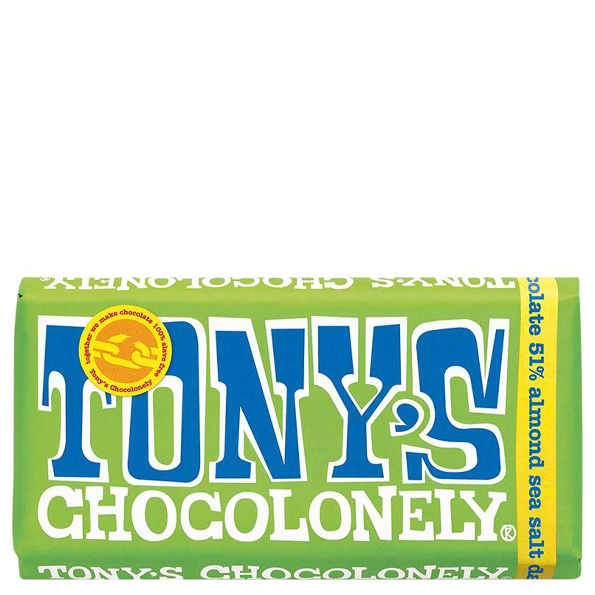 Tony's Chocolonely chocolate bar packaging on a white background