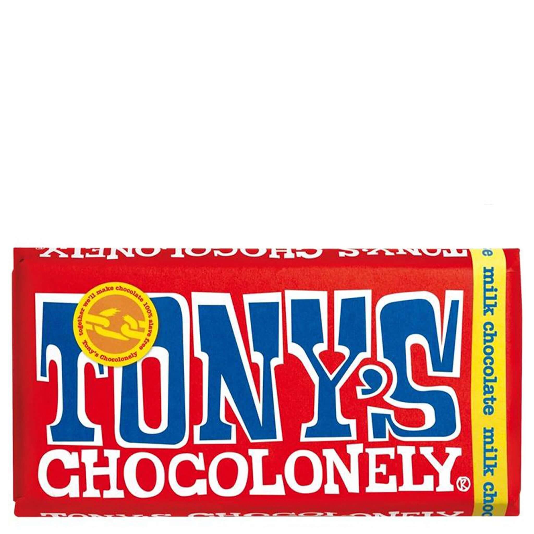Tony's Chocolonely chocolate bar packaging on a white background