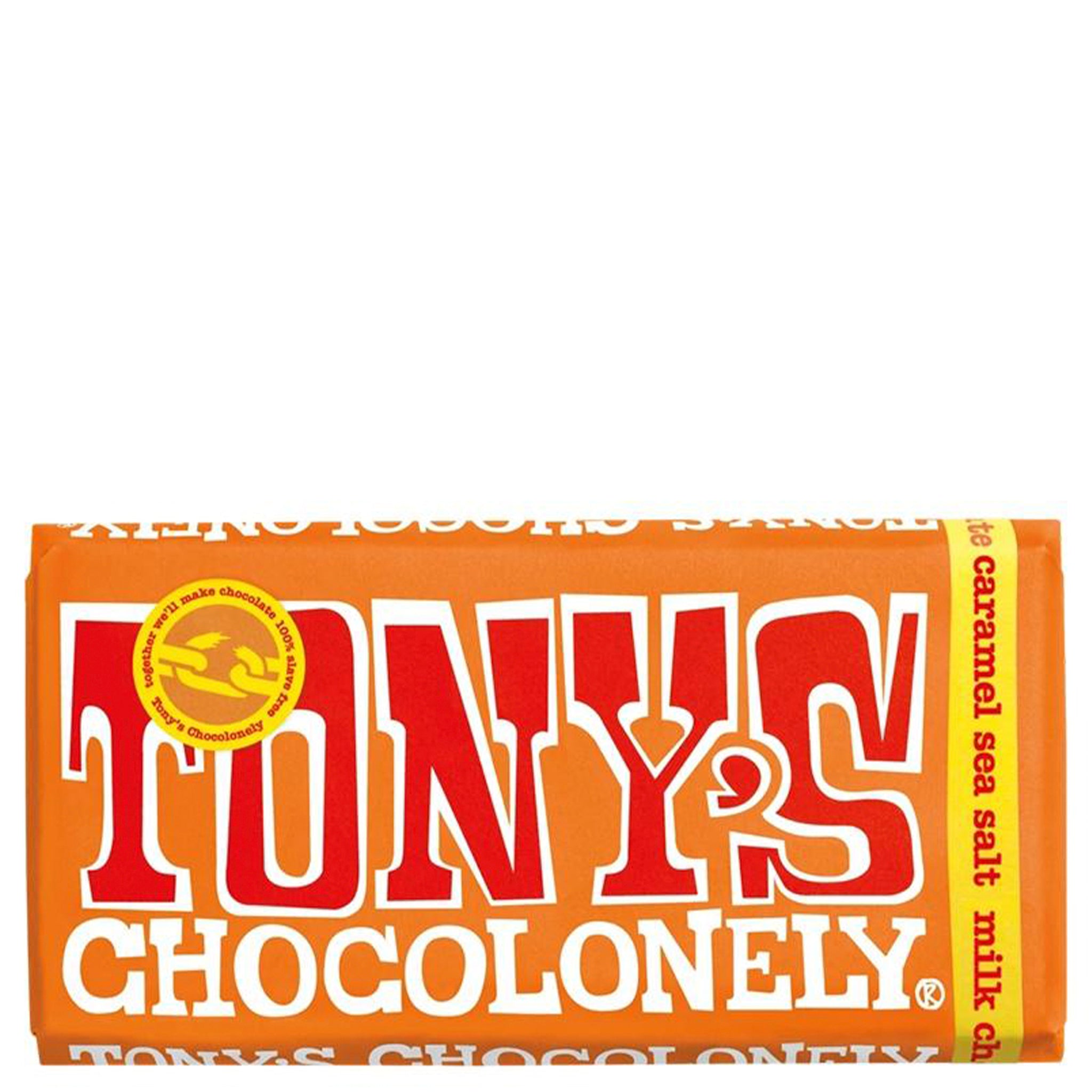 Tony's Chocolonely chocolate bar with orange wrapper and red text