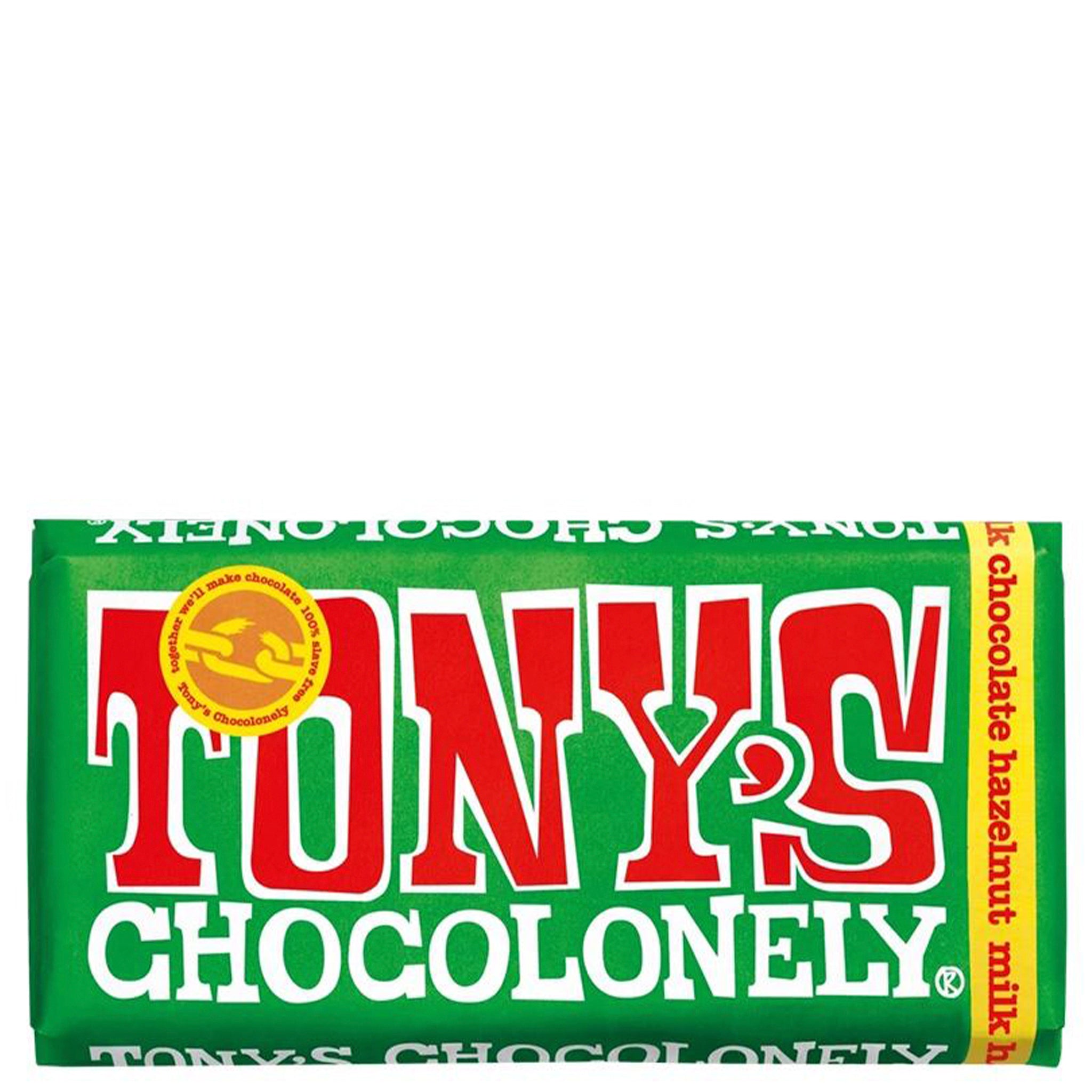 Tony's Chocolonely 180g Milk Chocolate Hazelnut Bar on a white background
